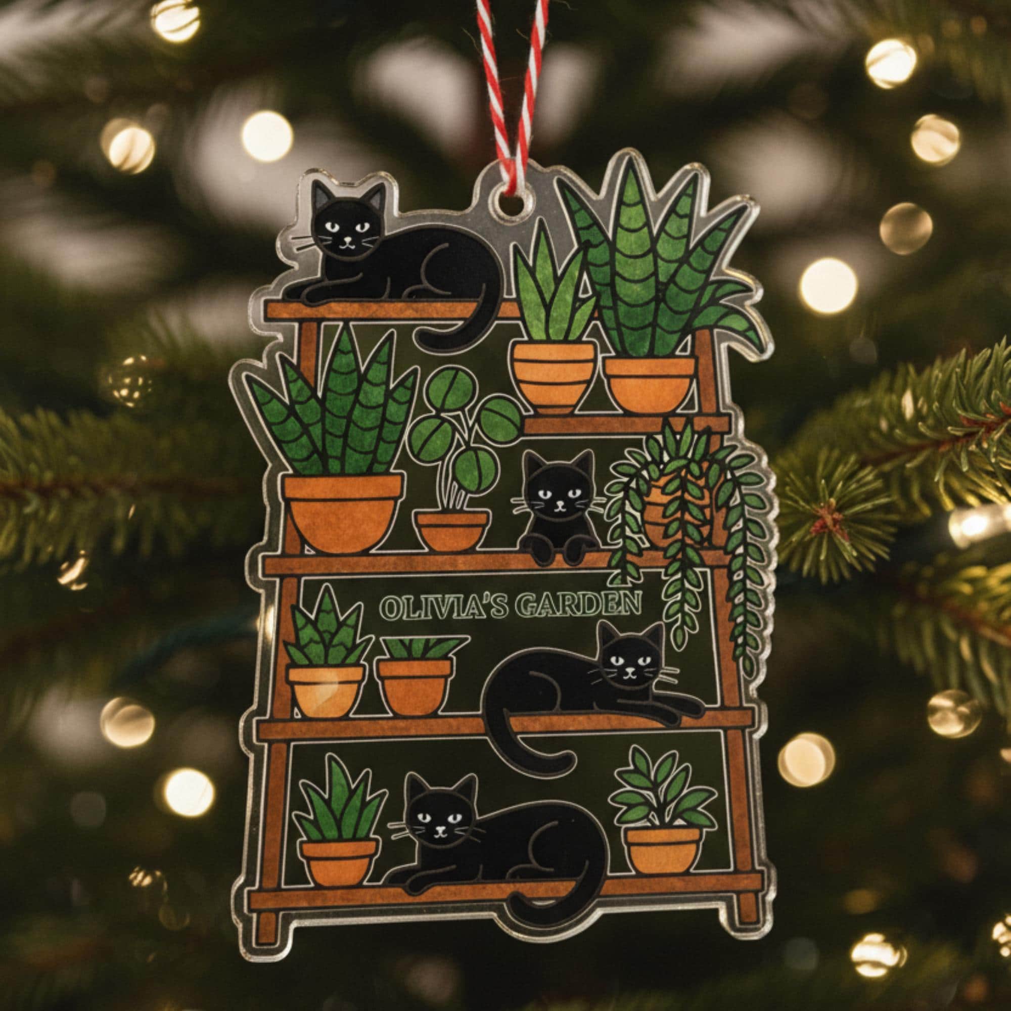Custom Cat and Plant Ornament – Personalized Black Cat Houseplant Acrylic Christmas Decor image 5