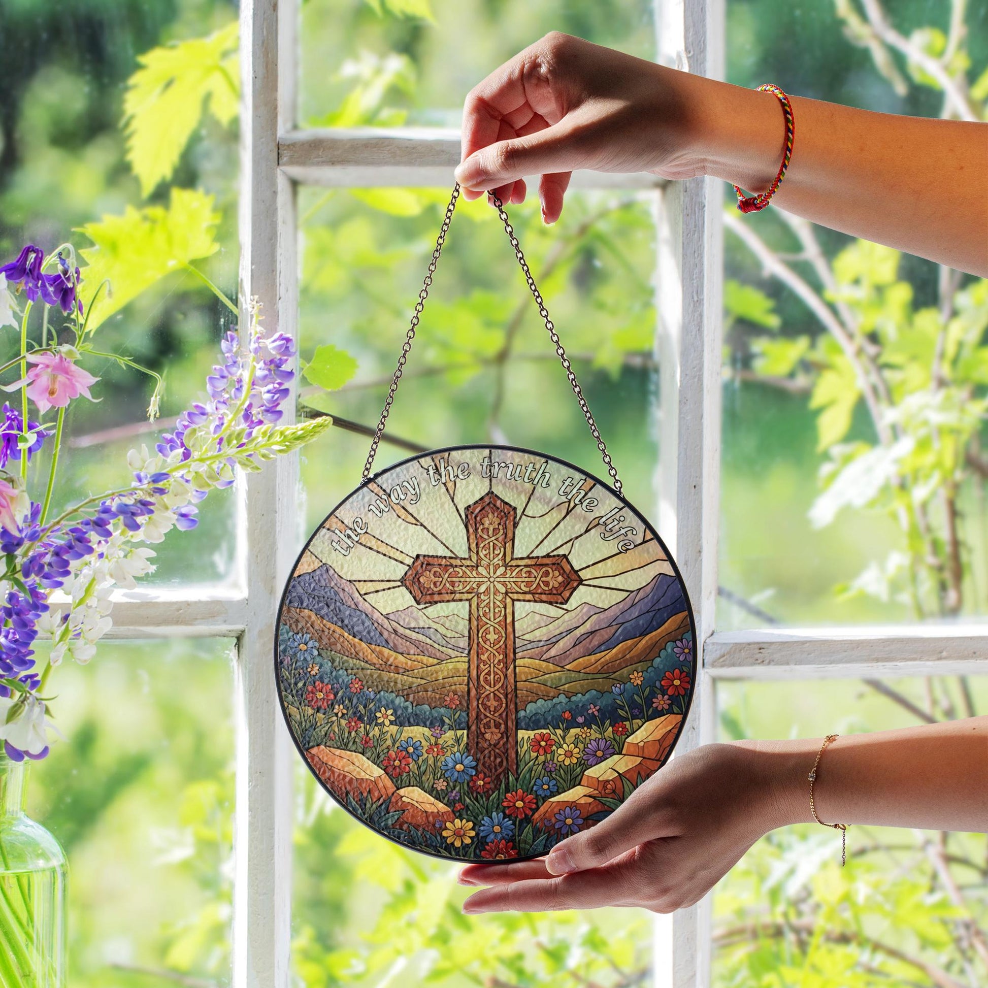 Glass Suncatcher: Christian Cross Decor with "The Way The Truth The Life", Round, Mountain Landscape image 4