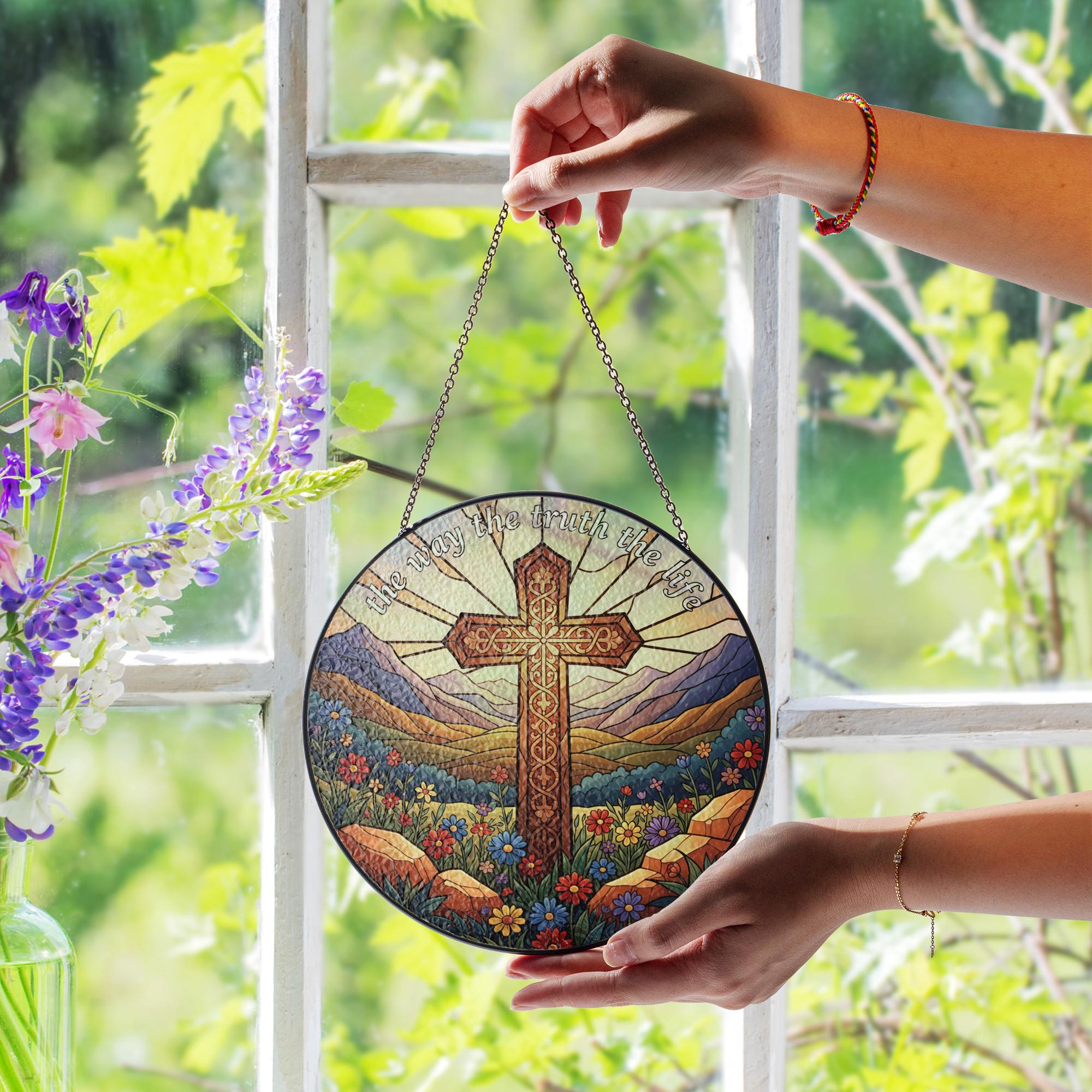 Glass Suncatcher: Christian Cross Decor with "The Way The Truth The Life", Round, Mountain Landscape image 4