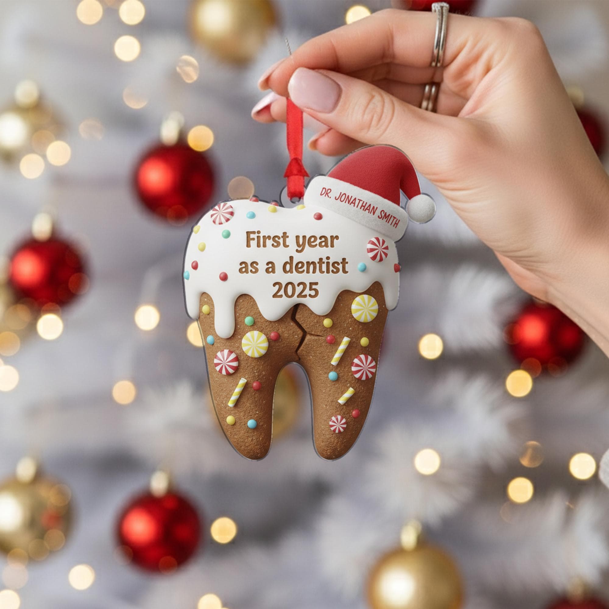 Personalized Dentist Ornament: Gingerbread Tooth with Santa Hat image 1