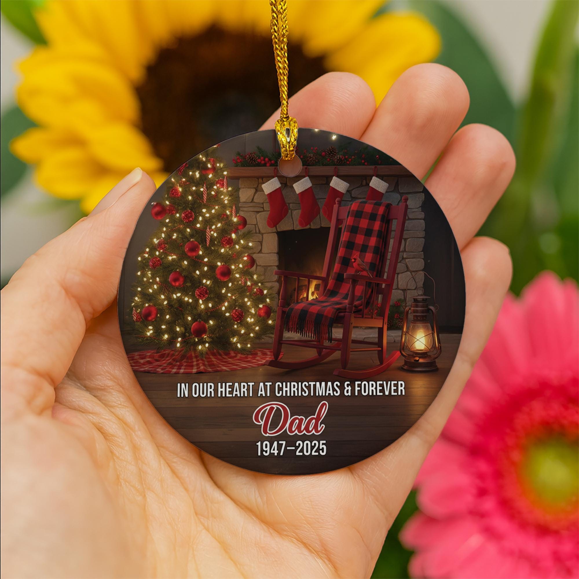 Dad Memorial Ornament, Empty Rocking Chair Design, Round Ceramic Christmas Keepsake image 3