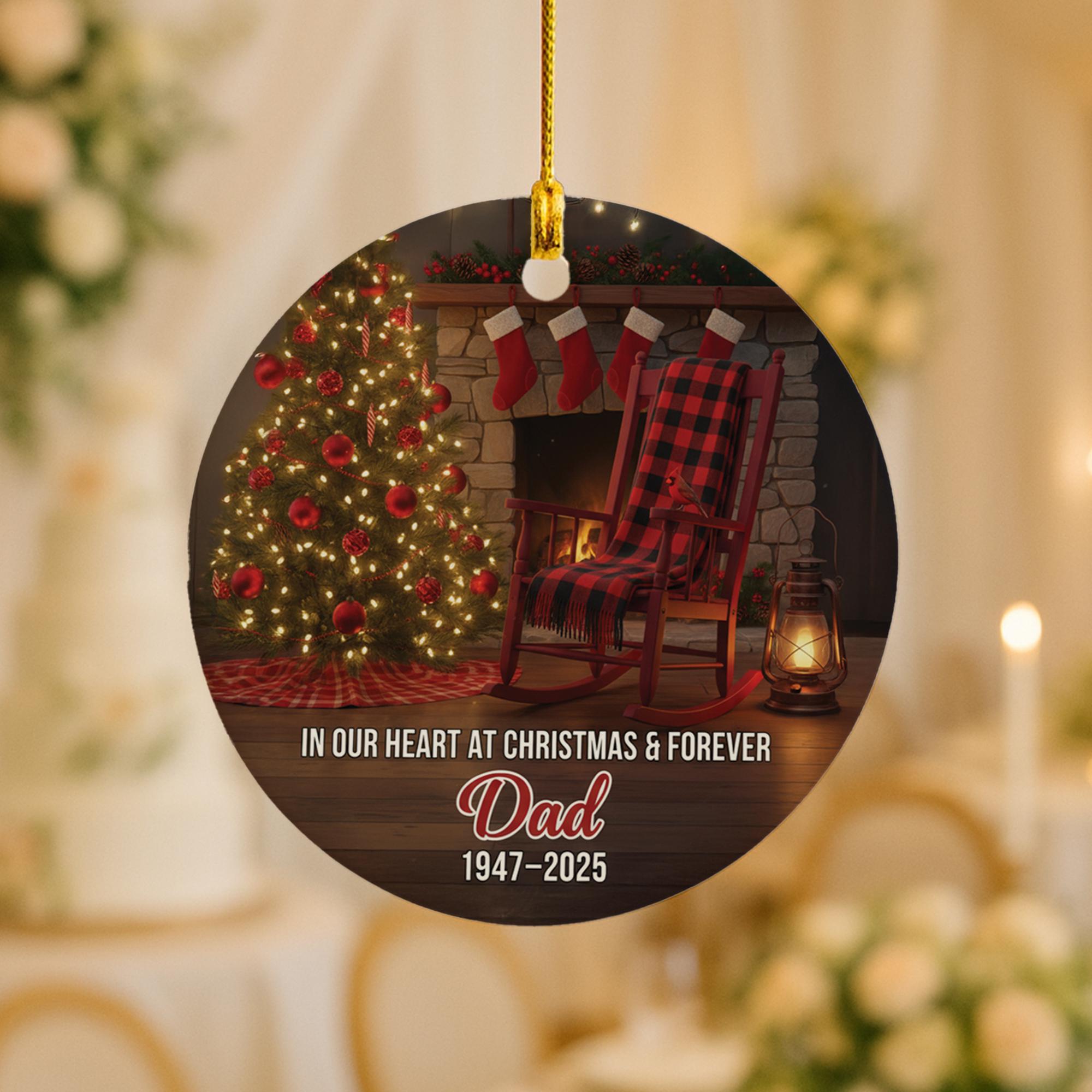 Dad Memorial Ornament, Empty Rocking Chair Design, Round Ceramic Christmas Keepsake image 2