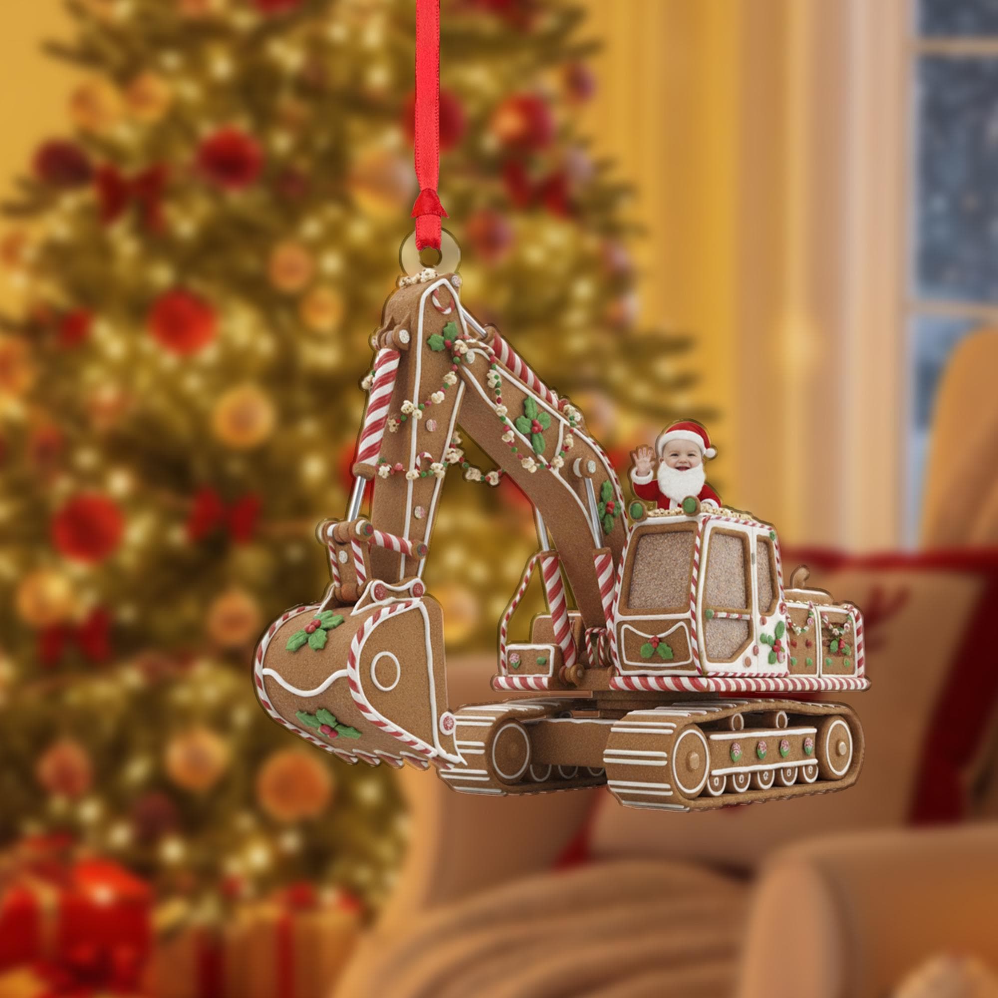 Gingerbread Excavator Ornament, Santa Driver, Construction Vehicle Christmas Decor image 2