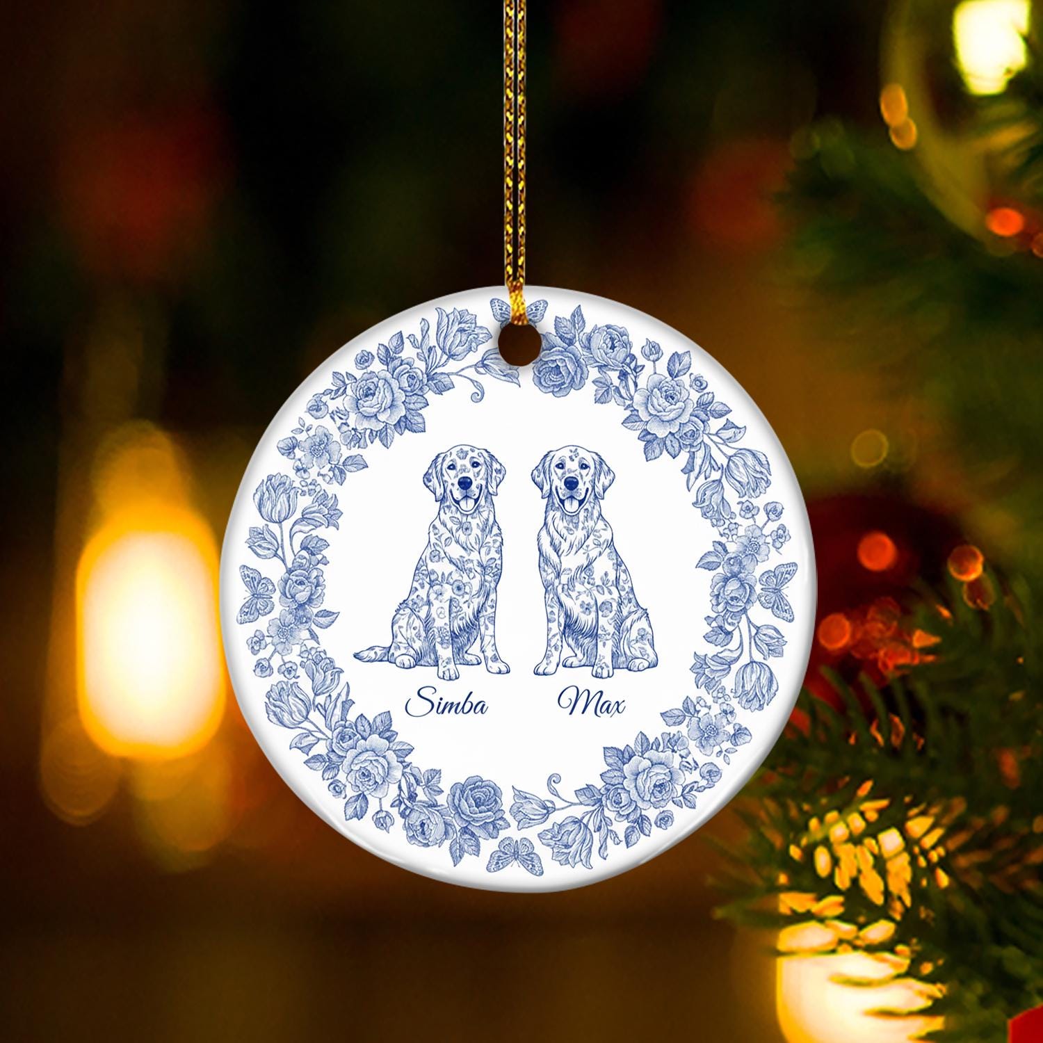 Custom Dog Ornament - Blue Floral Pet Portrait Ornament image 2