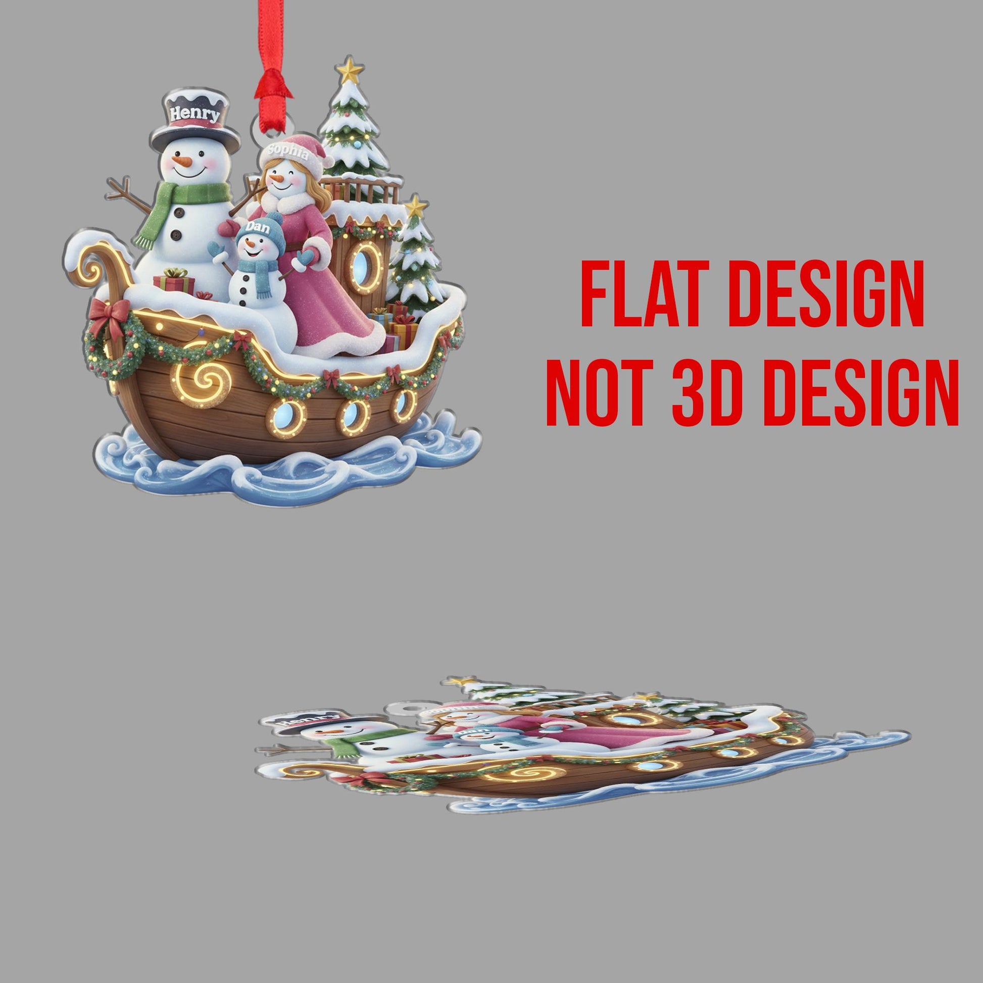 Personalized Family of Three Ornament, Snowman Family on Boat, Custom Name Christmas Ship Keepsake image 4