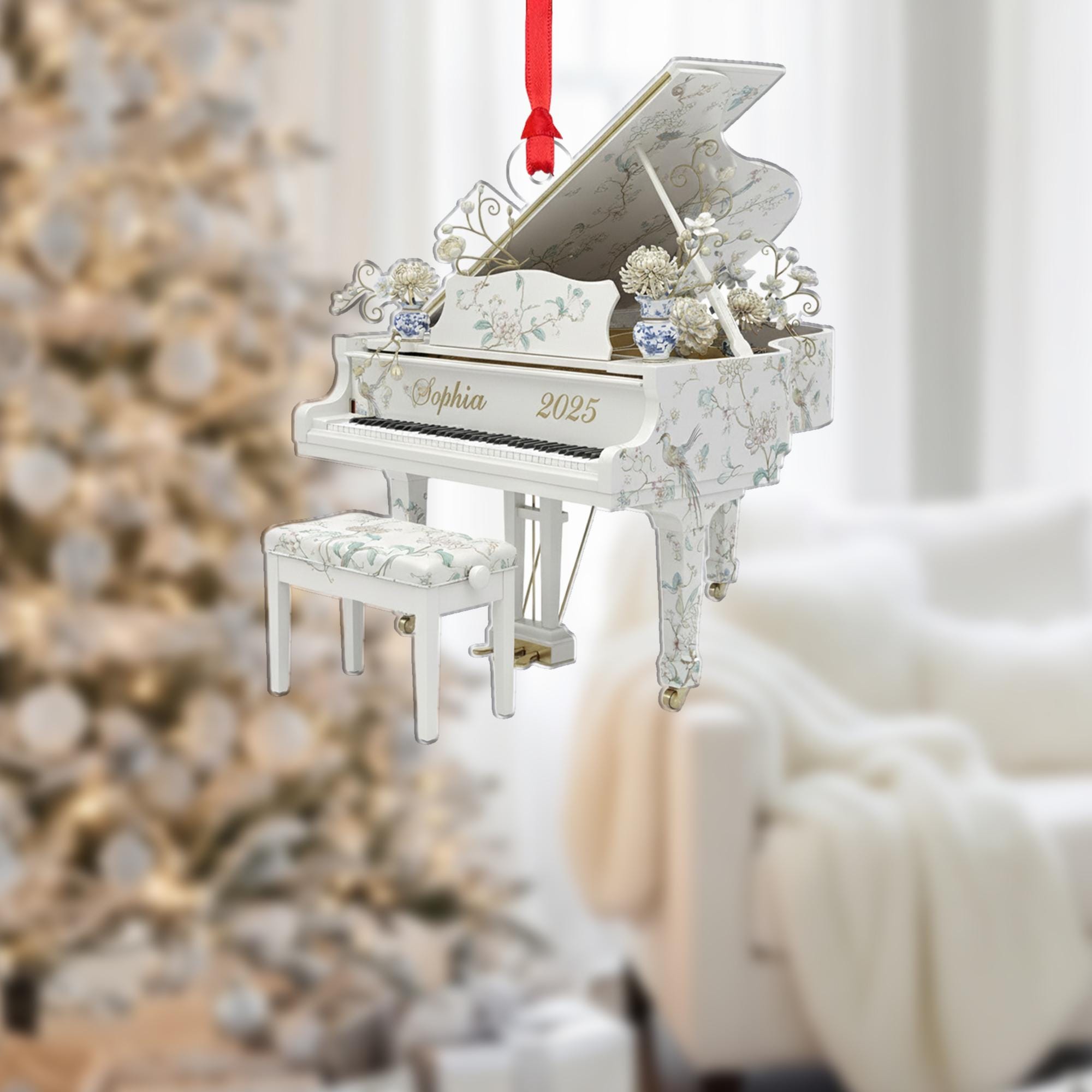 Personalized Piano Ornament, White Grand Piano with Floral Pattern, Musician Name and Year Keepsake image 1
