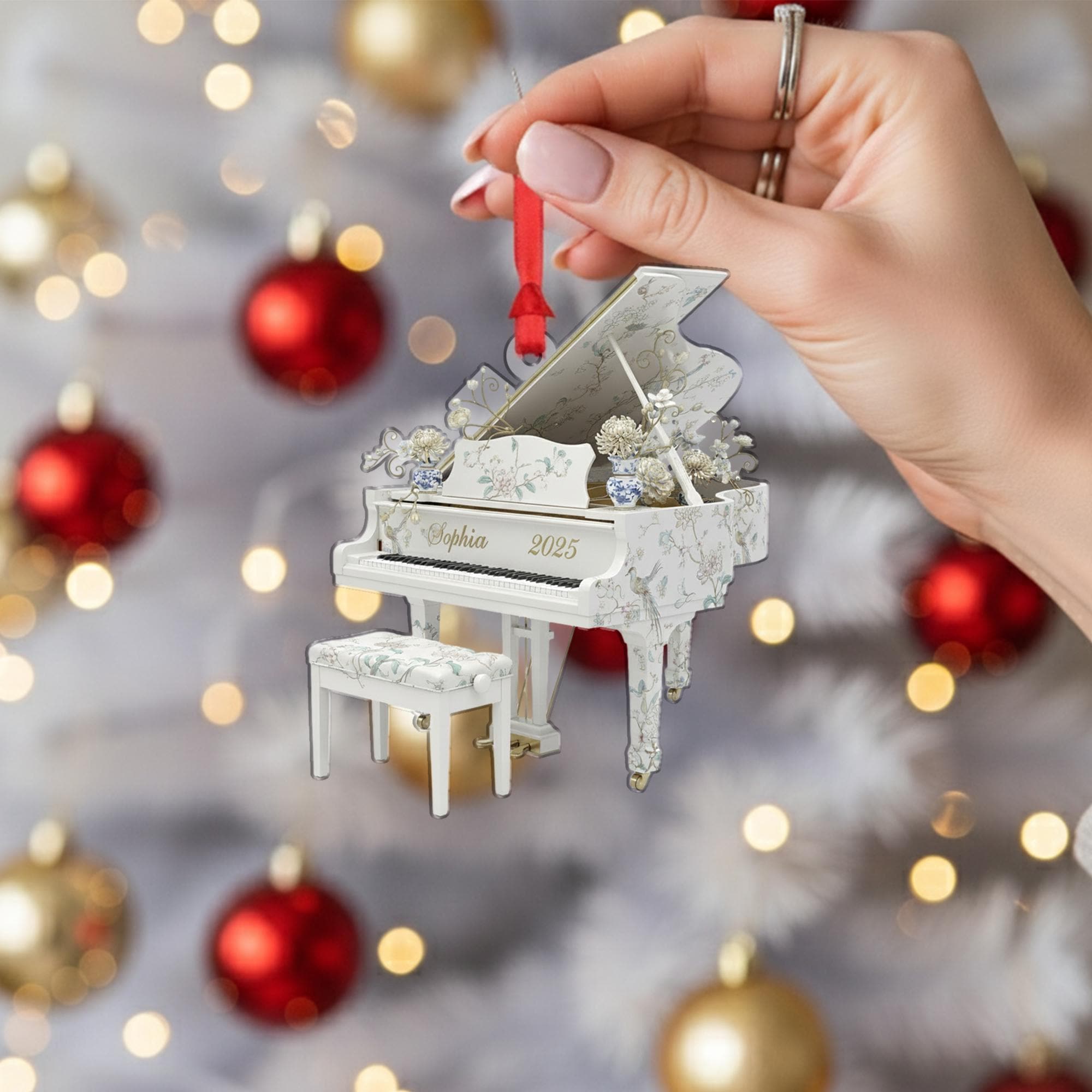 Personalized Piano Ornament, White Grand Piano with Floral Pattern, Musician Name and Year Keepsake image 2