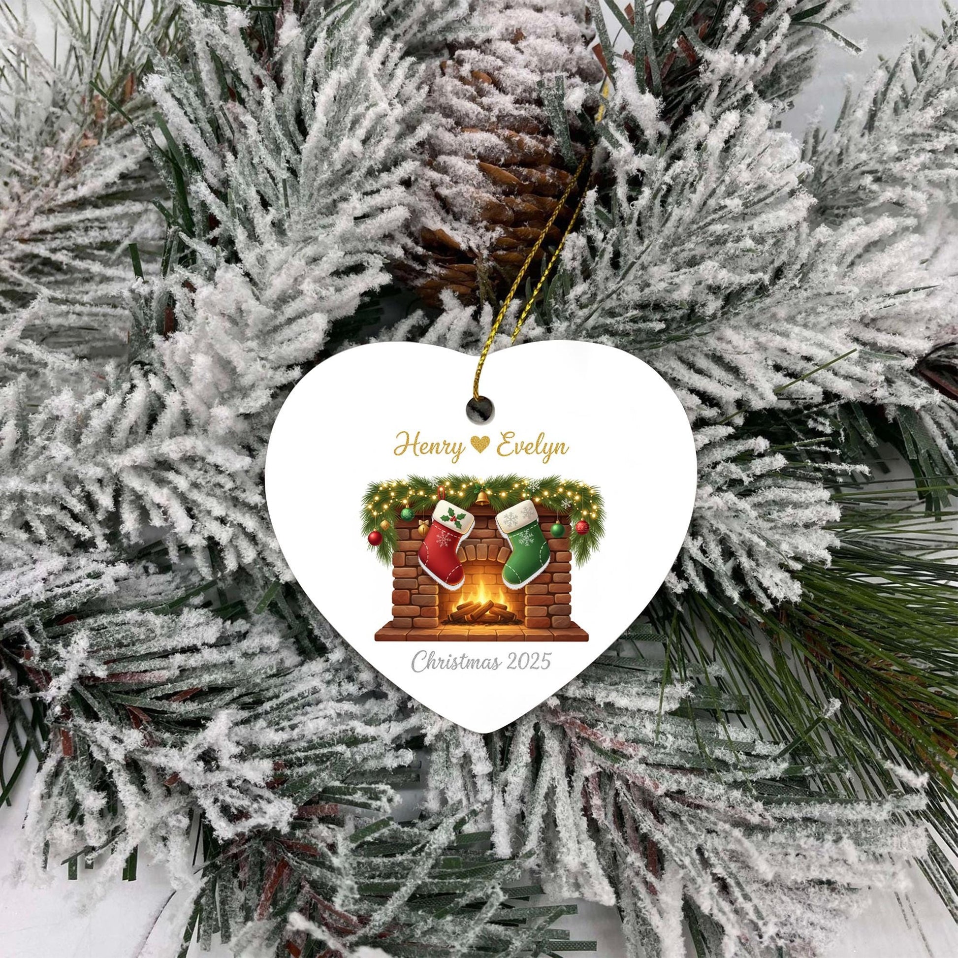 Personalized Heart-Shape Ornament – Fireplace & Stocking Design Christmas 2025 Hanging Decoration image 2