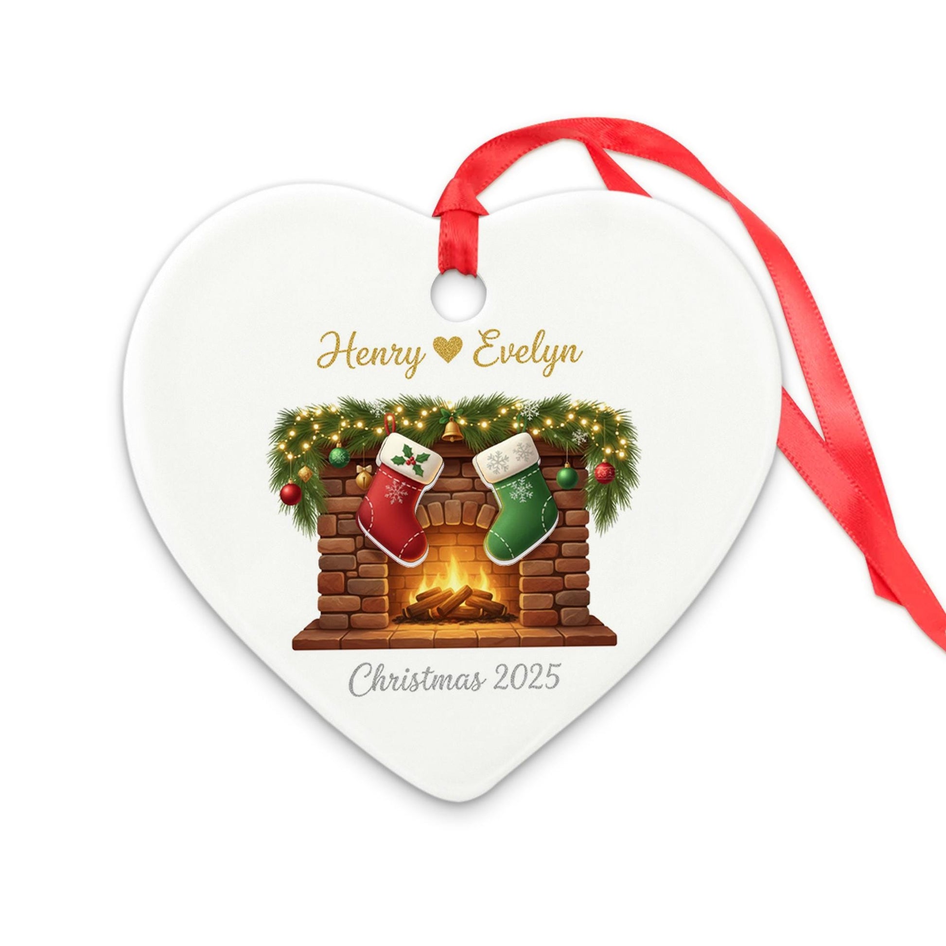 Personalized Heart-Shape Ornament – Fireplace & Stocking Design Christmas 2025 Hanging Decoration image 7