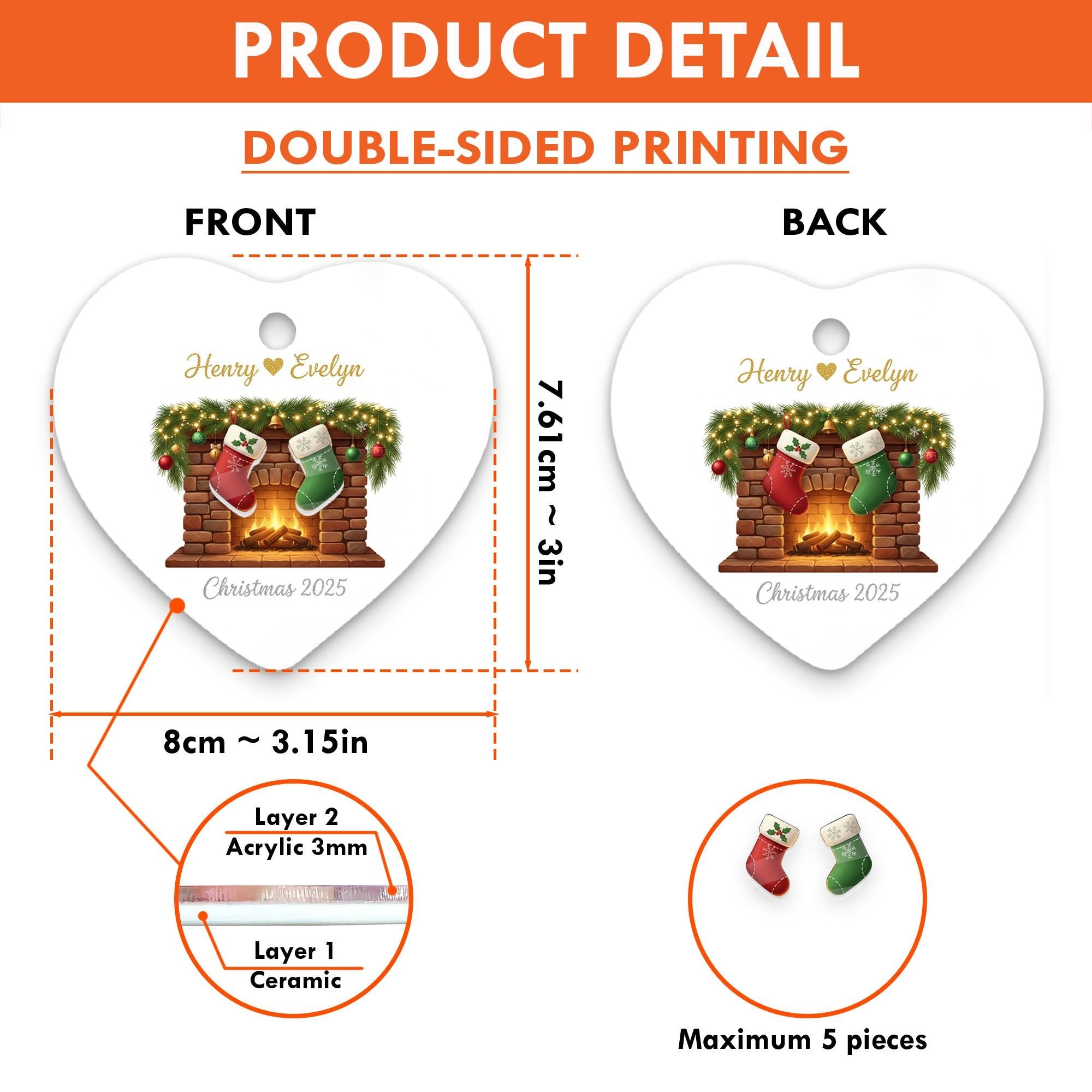 Personalized Heart-Shape Ornament – Fireplace & Stocking Design Christmas 2025 Hanging Decoration image 5