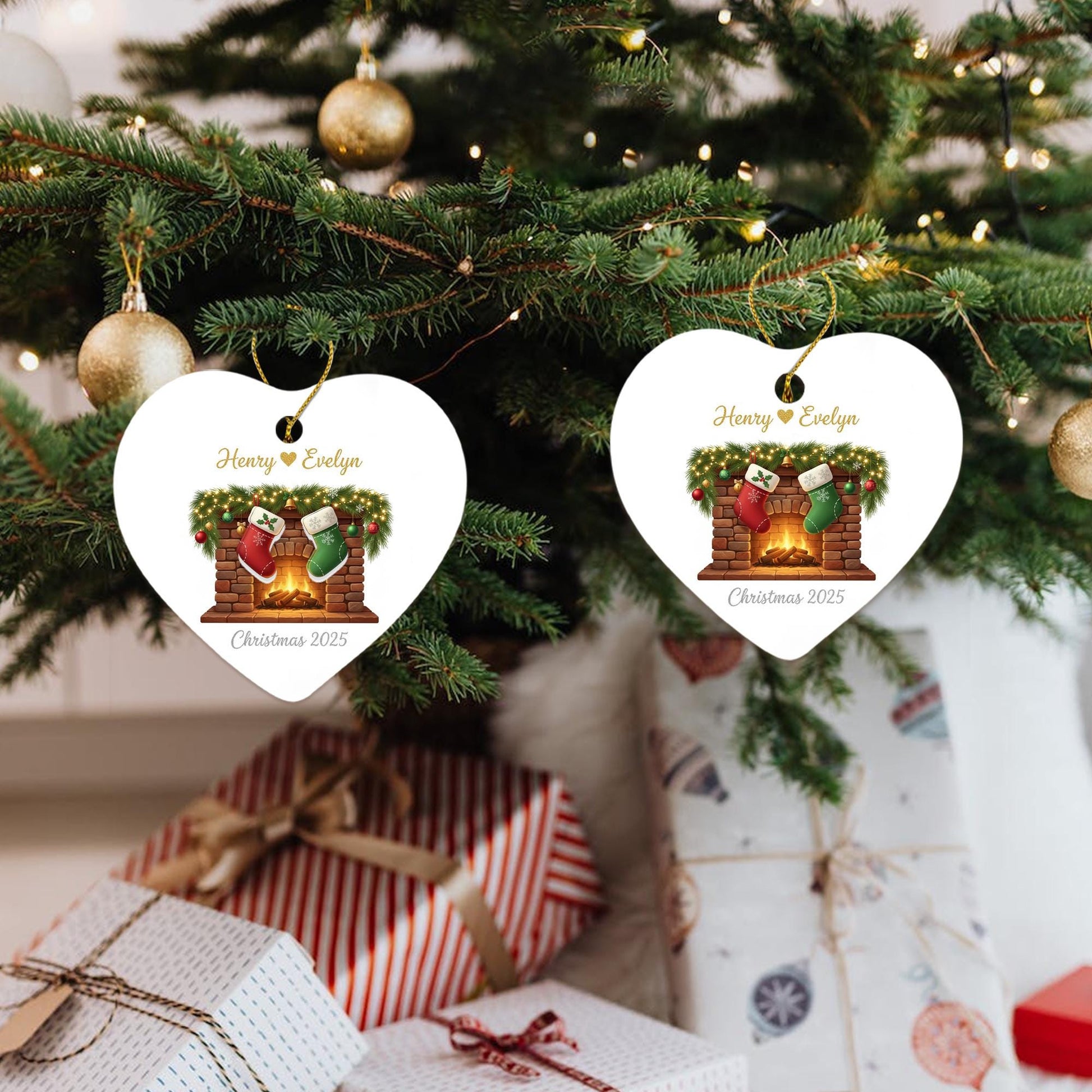 Personalized Heart-Shape Ornament – Fireplace & Stocking Design Christmas 2025 Hanging Decoration image 4