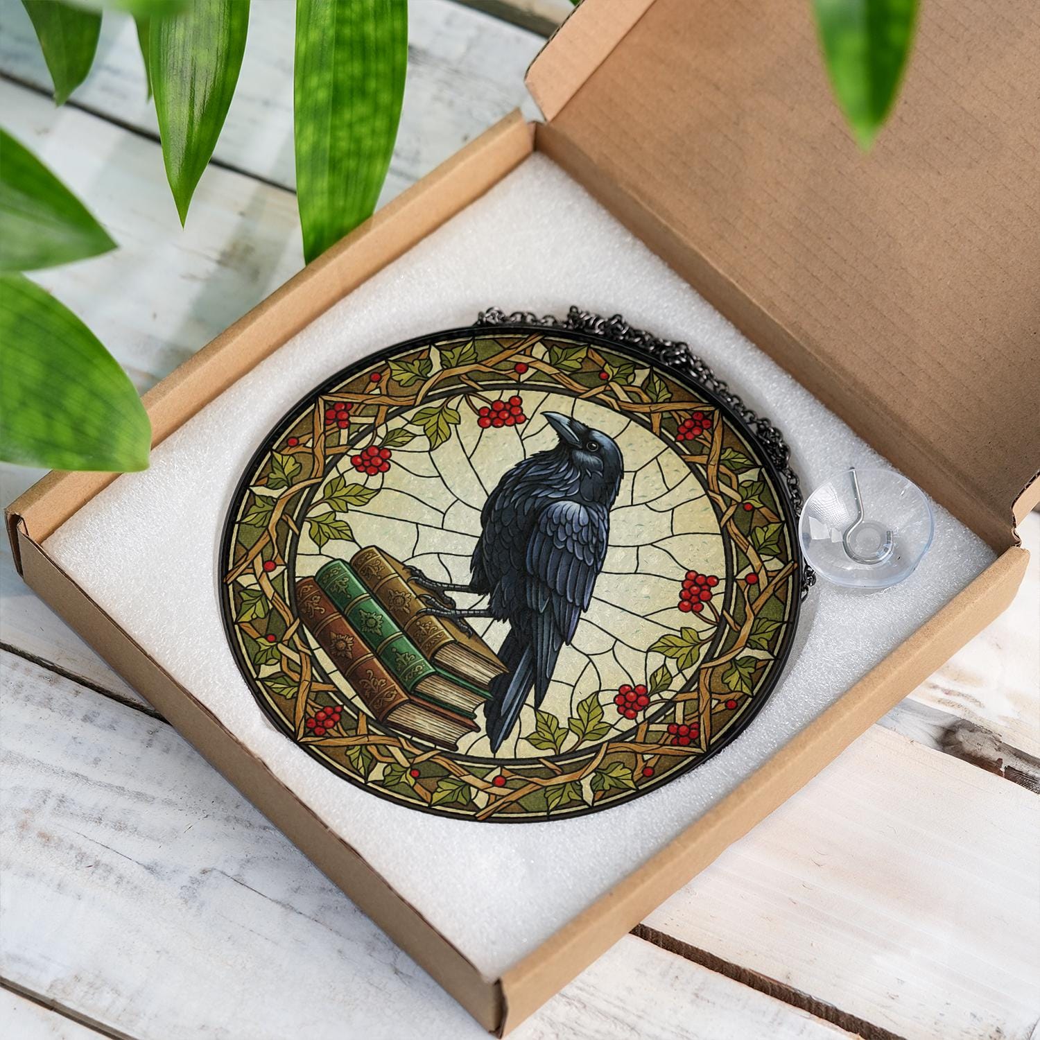 Crow Glass Suncatcher - Gothic Raven Window Hanging image 5