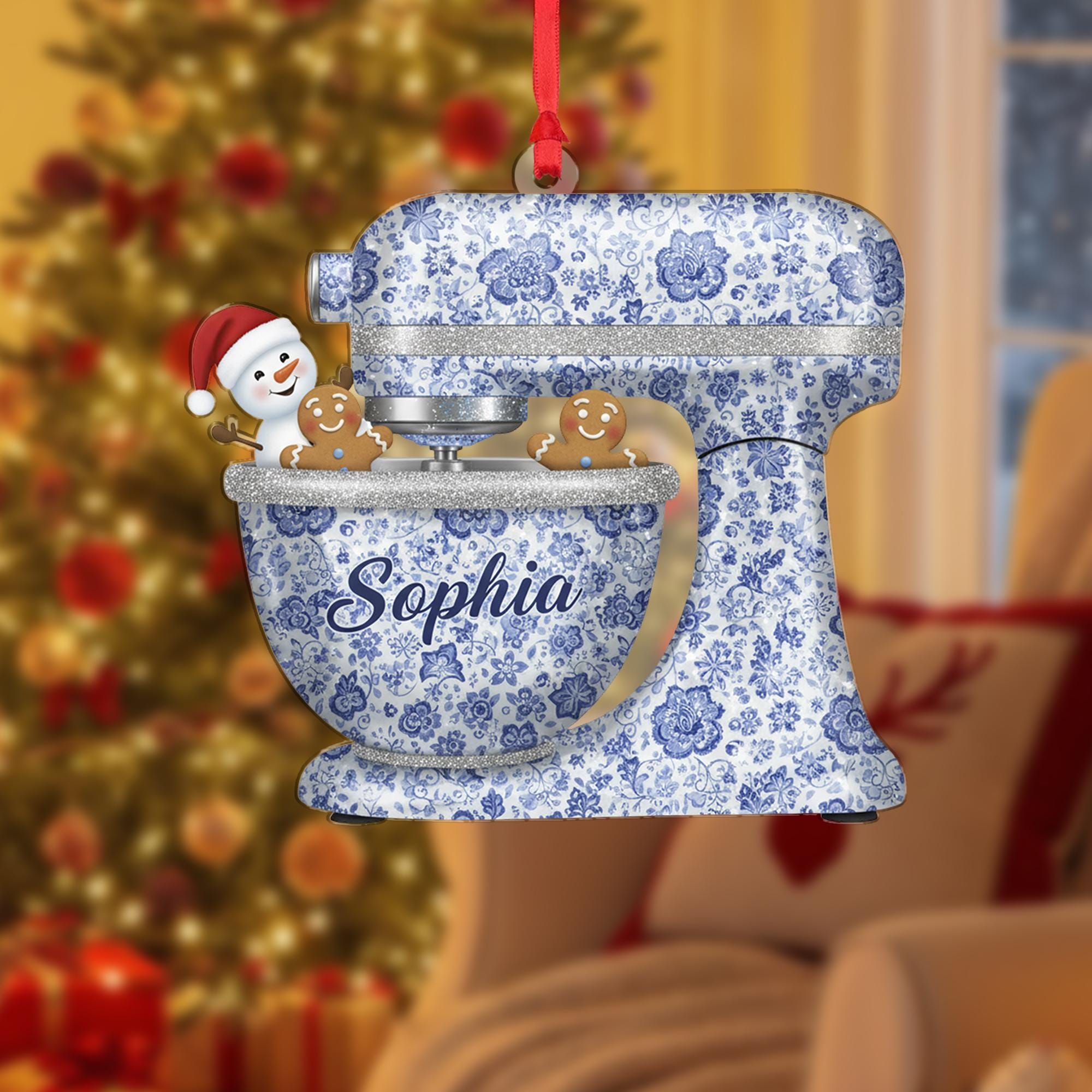 Personalized Stand Mixer Ornament: Custom Baker Name, Blue Floral Pattern, Christmas Baking Theme image 2
