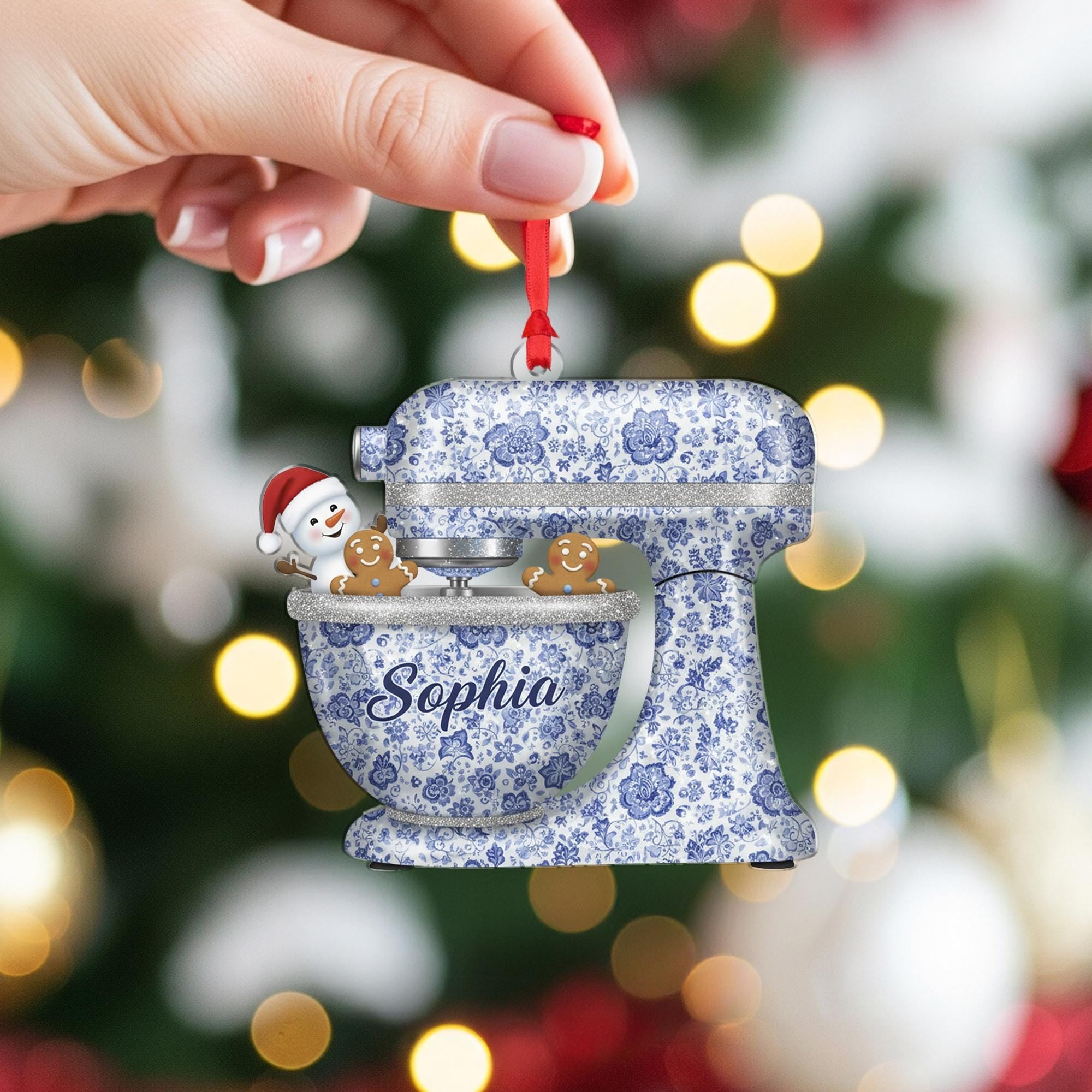 Personalized Stand Mixer Ornament: Custom Baker Name, Blue Floral Pattern, Christmas Baking Theme image 1