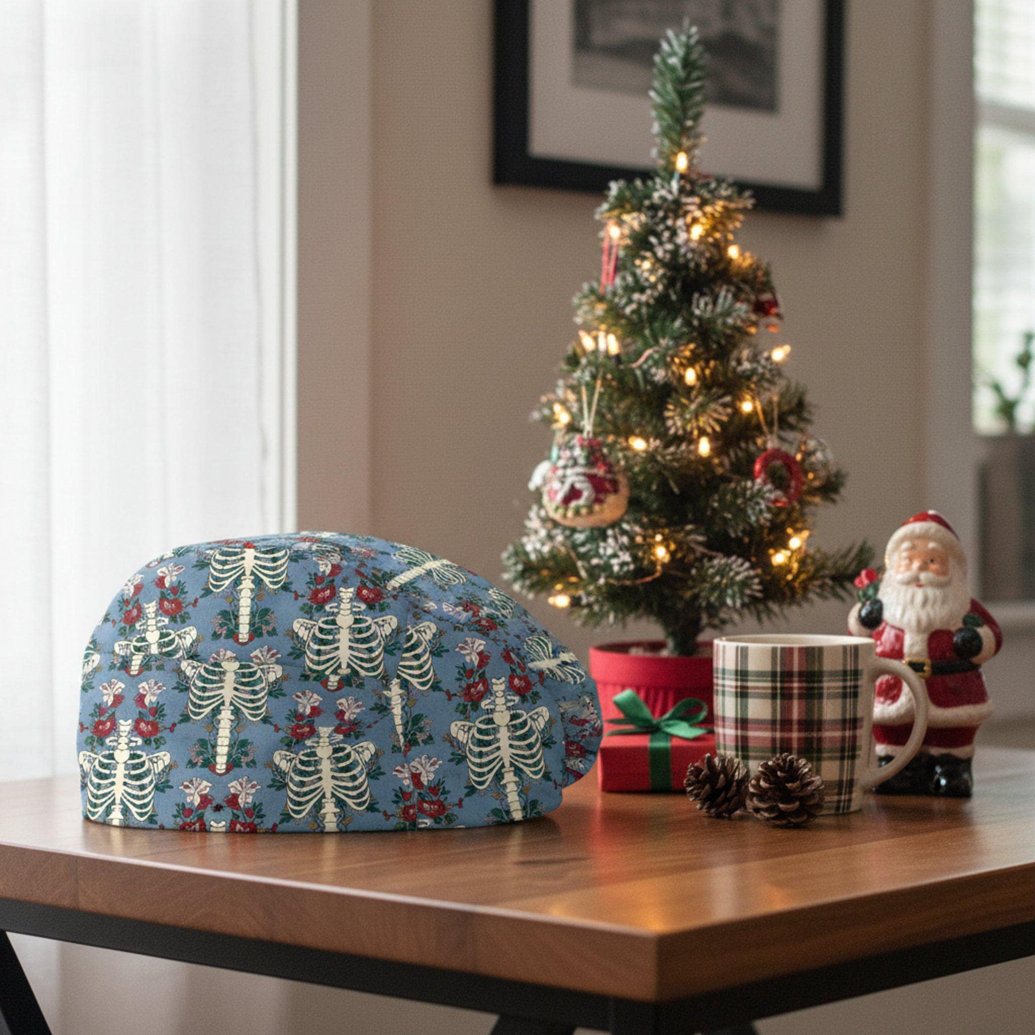 Scrub Cap Surgical Hat Blue Skeleton Rose Print: Medical Skull Floral Cap image 2