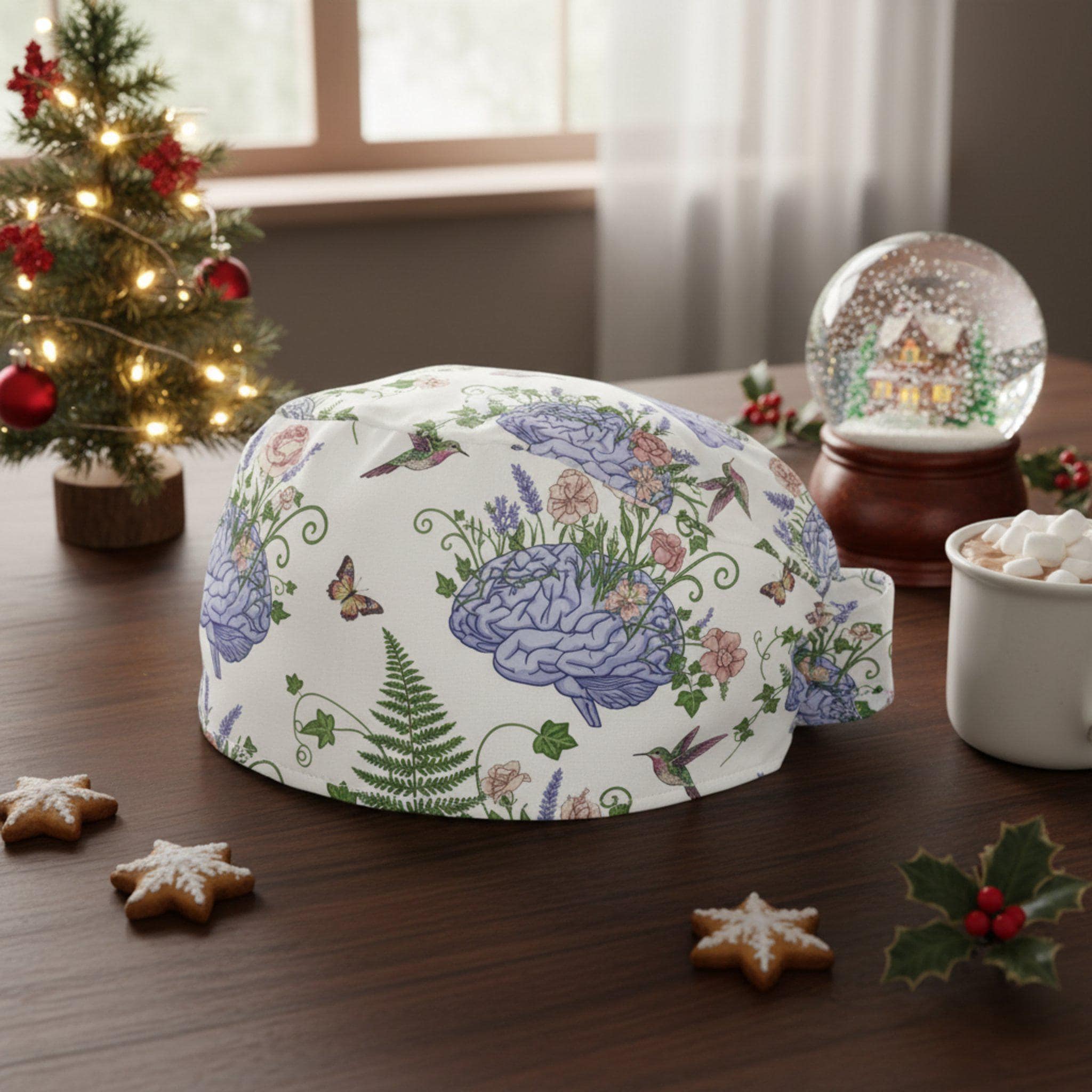 Scrub Cap Tie Back White Brain Flower Print: Medical Neurologist Floral Hat image 2