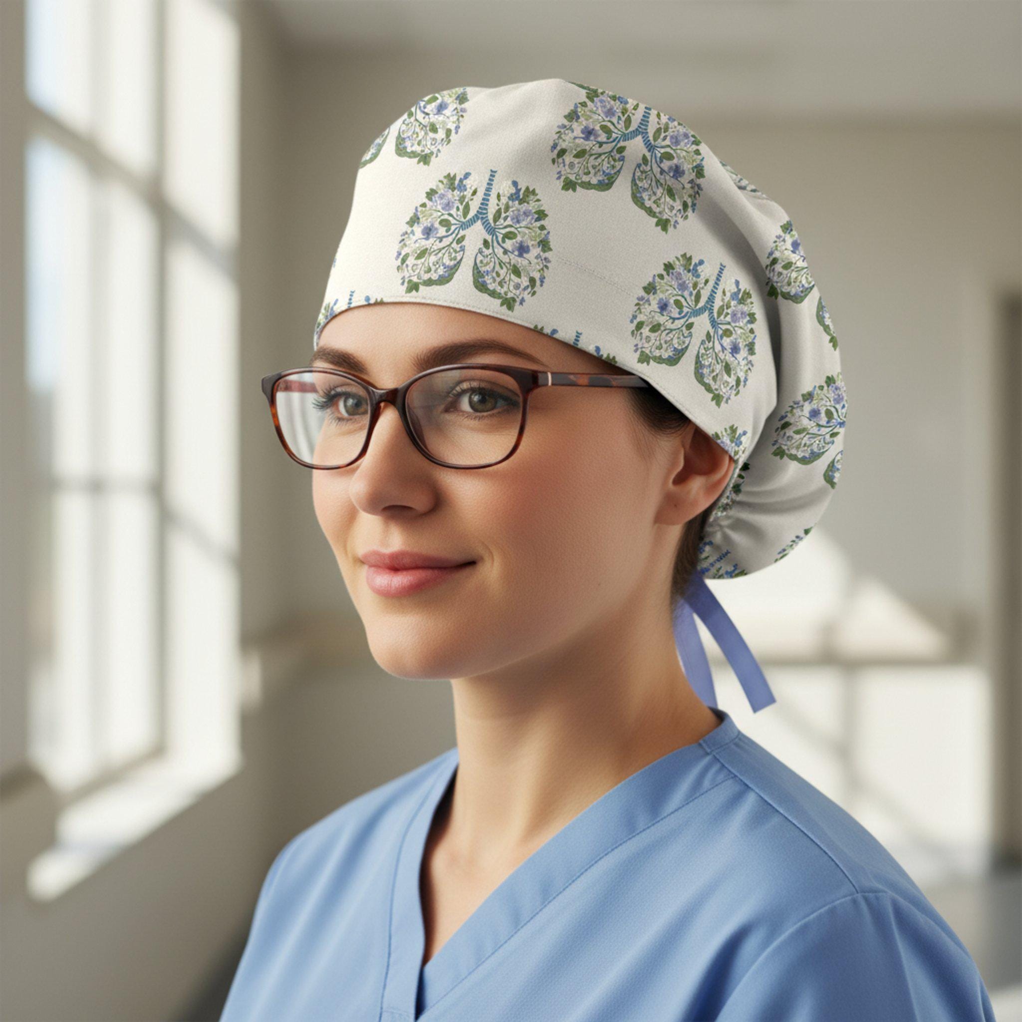 Scrub Cap Surgical Hat White Lung Floral Print: Medical Pulmonology Flower Cap image 1