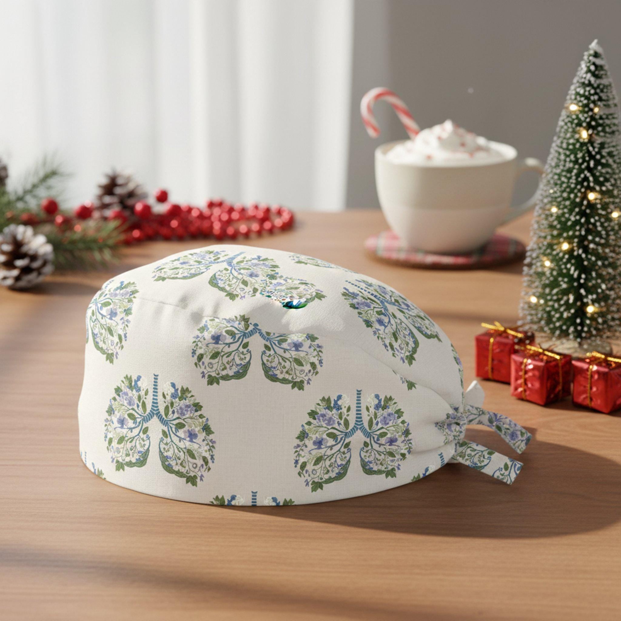 Scrub Cap Surgical Hat White Lung Floral Print: Medical Pulmonology Flower Cap image 2