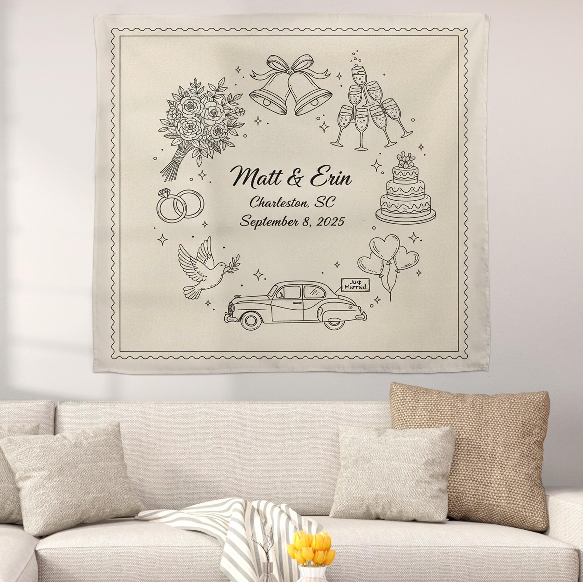 Personalized Wedding Tapestry: Custom Names & Date Wall Hanging image 1