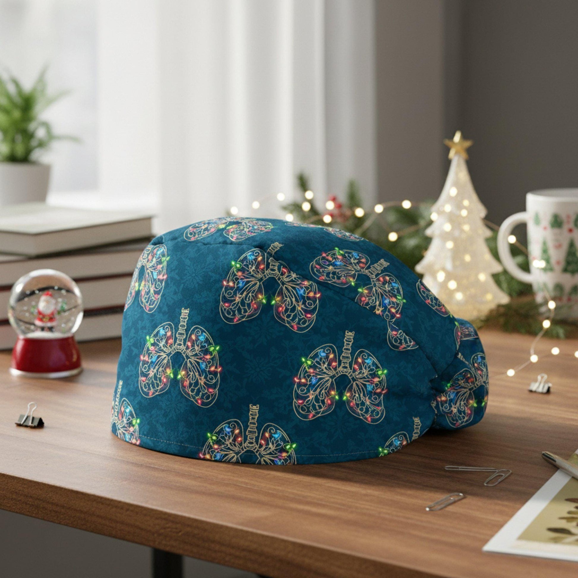 Scrub Cap Surgical Hat Teal Christmas Lung Print: Medical Holiday DNA Cap image 2