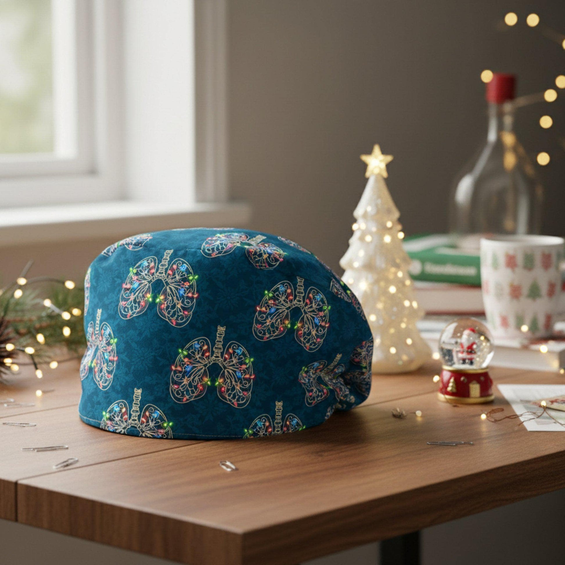 Scrub Cap Surgical Hat Teal Christmas Lung Print: Medical Holiday DNA Cap image 3