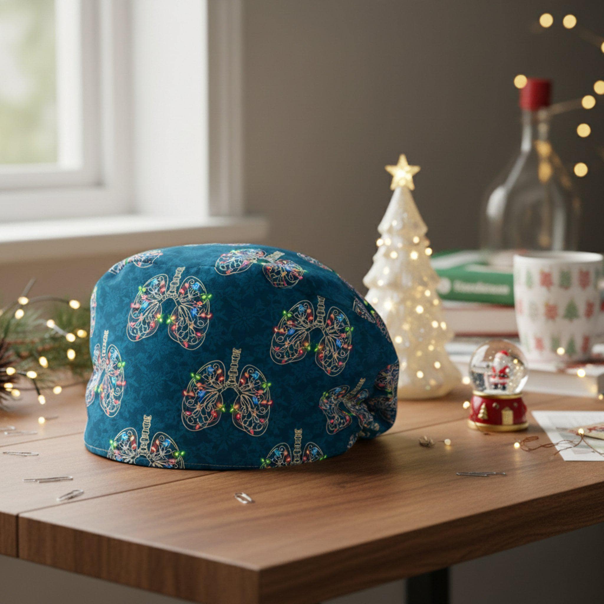 Scrub Cap Surgical Hat Teal Christmas Lung Print: Medical Holiday DNA Cap image 3