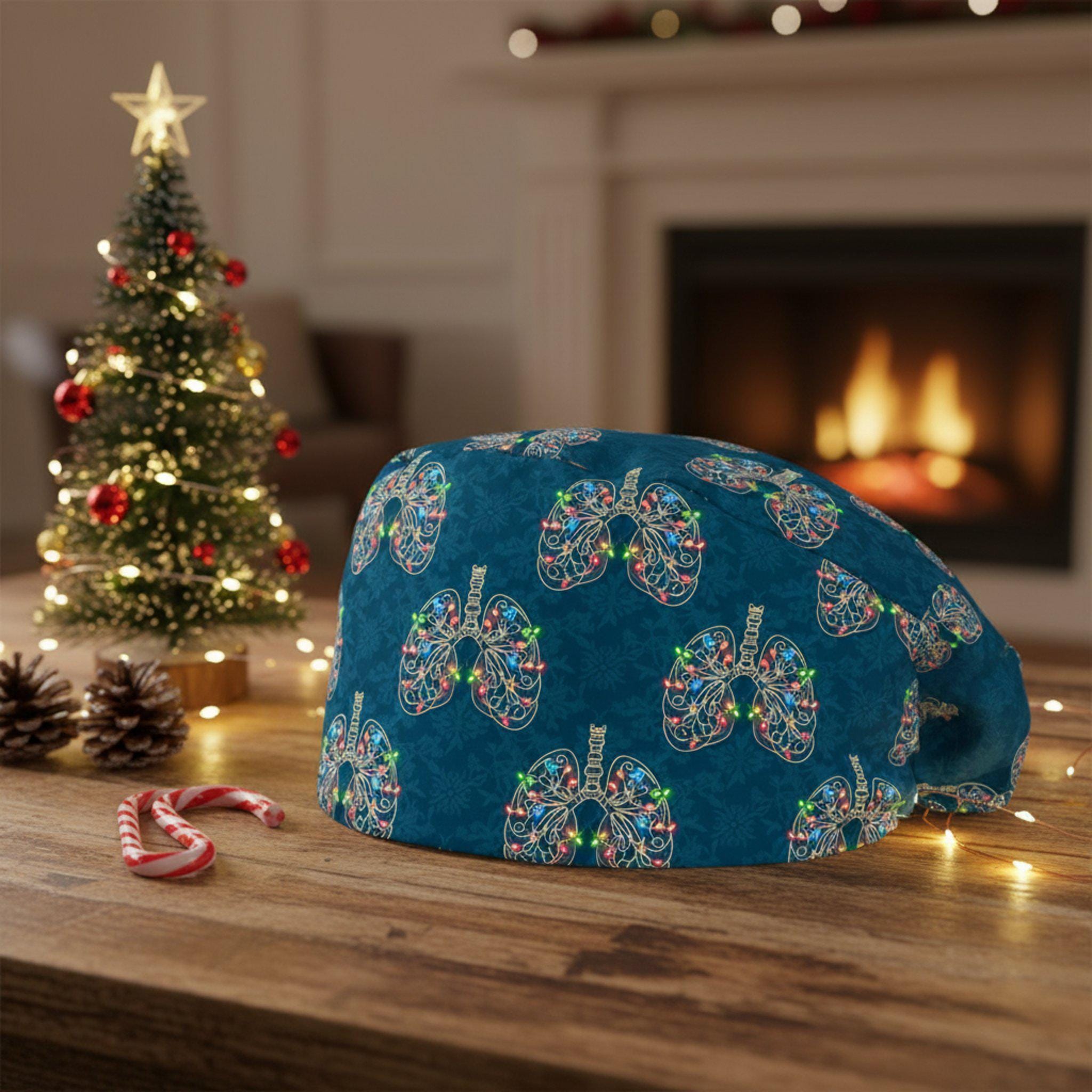 Scrub Cap Surgical Hat Teal Christmas Lung Print: Medical Holiday DNA Cap image 4