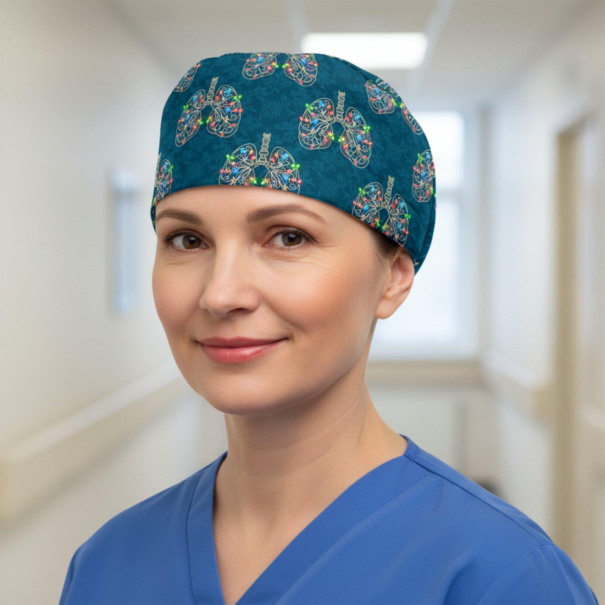 Scrub Cap Surgical Hat Teal Christmas Lung Print: Medical Holiday DNA Cap image 6