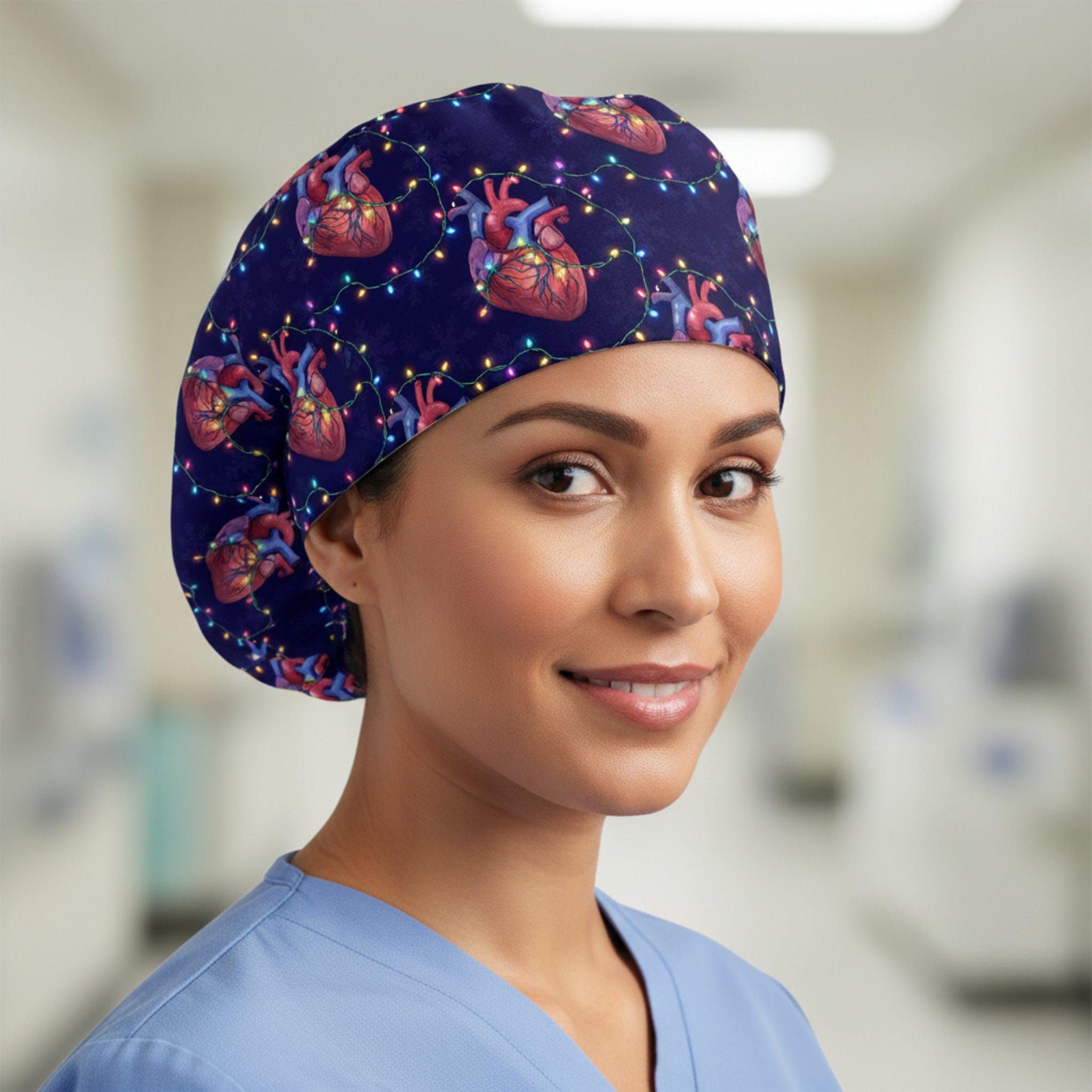 Scrub Cap Surgical Hat Navy Christmas Heart Print: Medical Holiday OR Cap image 1