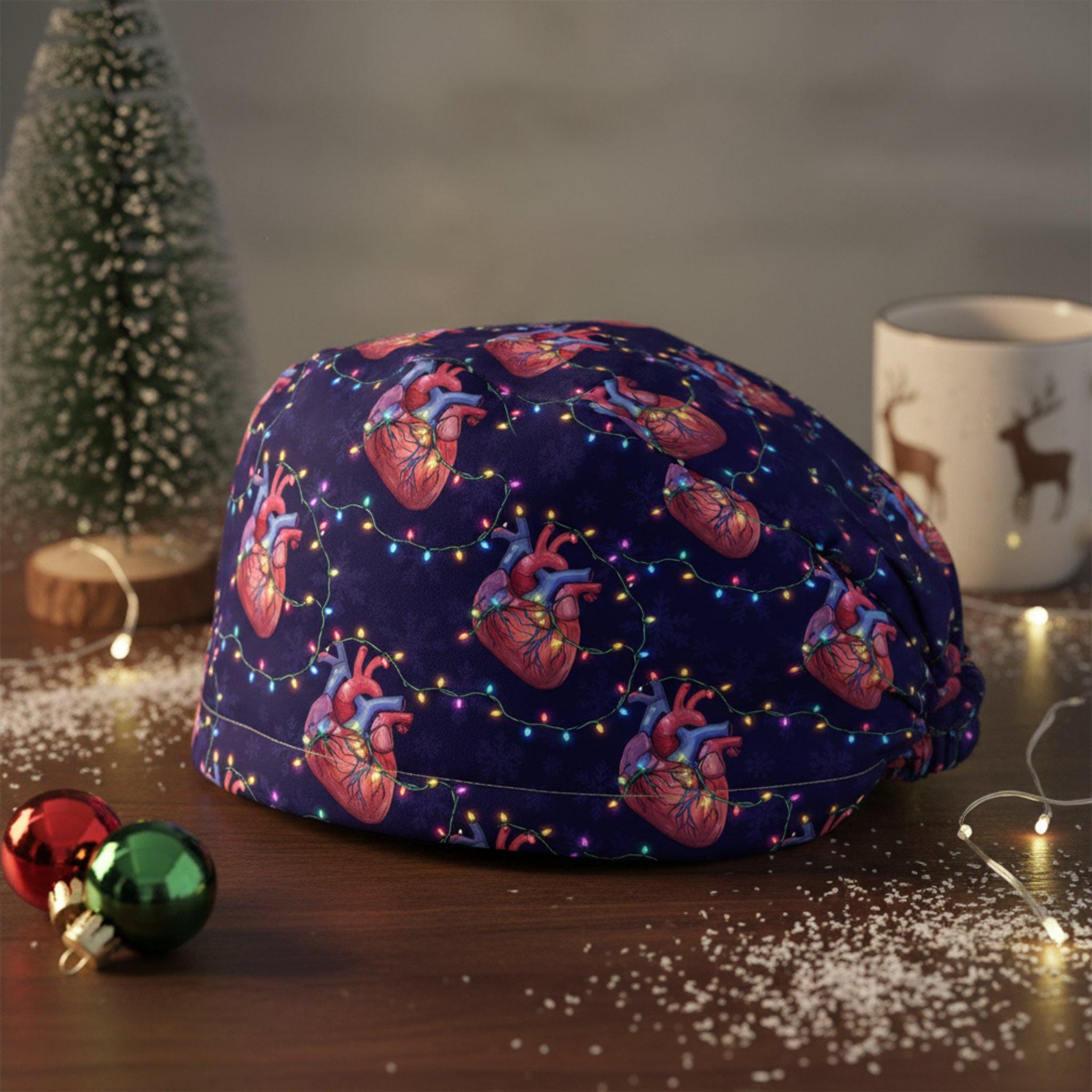 Scrub Cap Surgical Hat Navy Christmas Heart Print: Medical Holiday OR Cap image 2