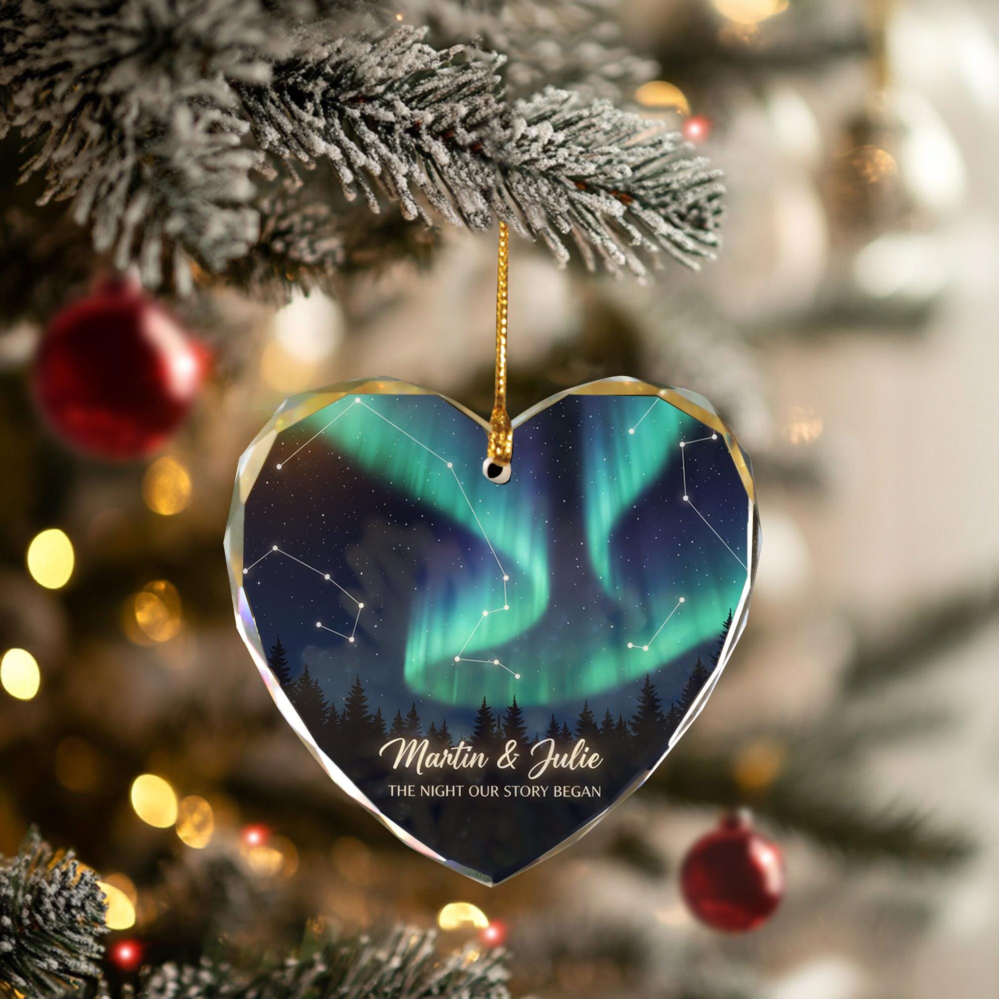 Personalized Northern Lights Glass Ornament - Custom Couple Heart Keepsake image 2