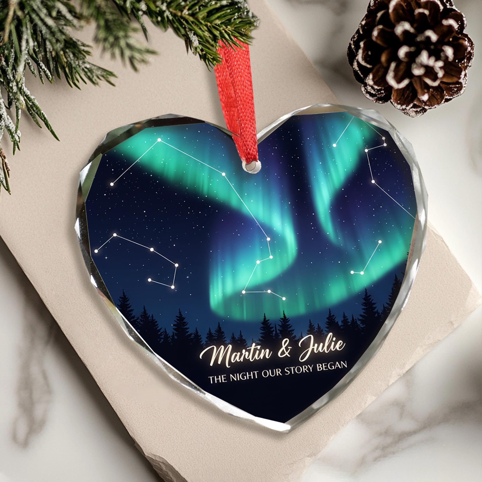 Personalized Northern Lights Glass Ornament - Custom Couple Heart Keepsake image 1
