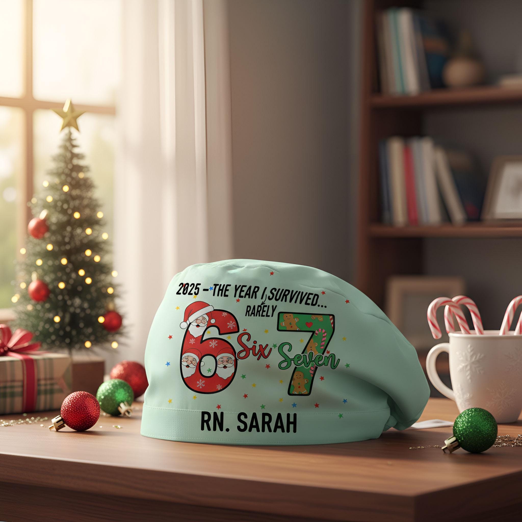 Scrub Cap Surgical Hat Teal Christmas Lung Print: Medical Holiday DNA Cap image 2