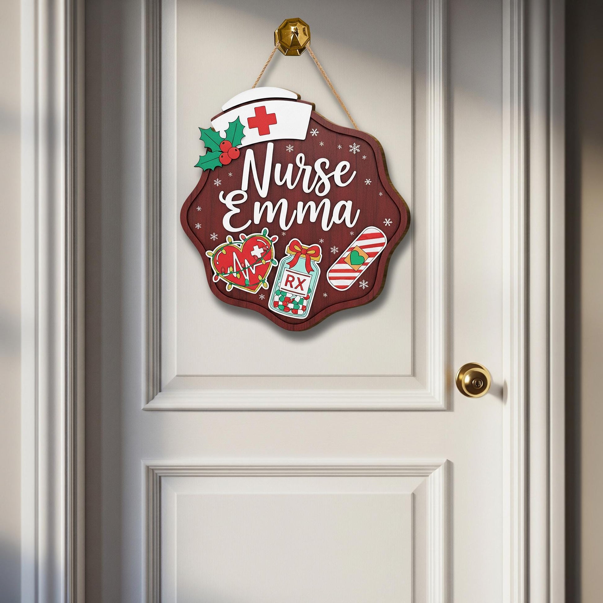 Personalized Wooden Nurse Sign: Christmas Holly Hat Decor image 4