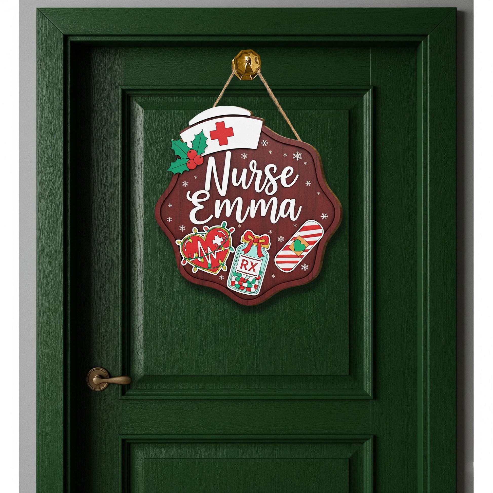 Personalized Wooden Nurse Sign: Christmas Holly Hat Decor image 3