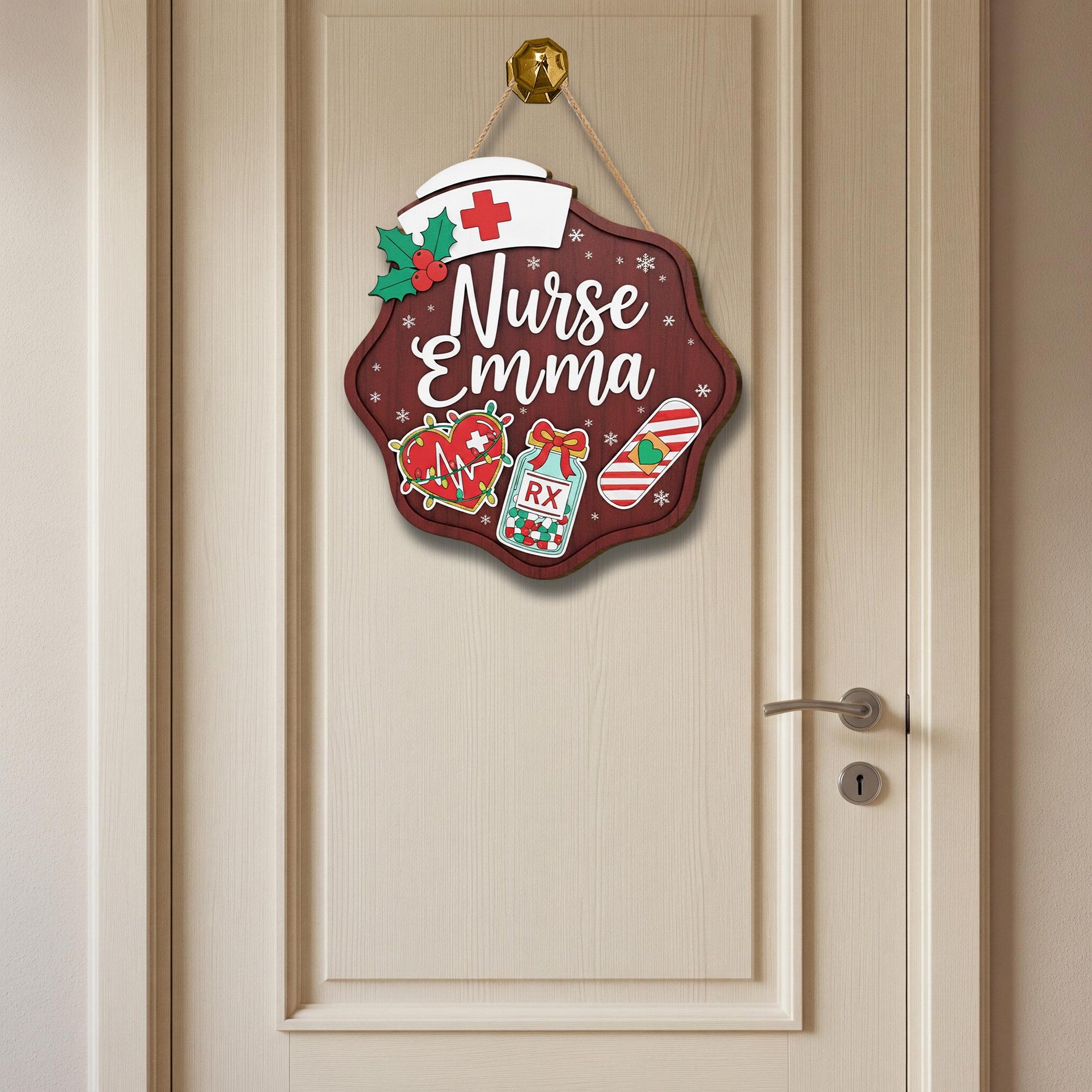 Personalized Wooden Nurse Sign: Christmas Holly Hat Decor image 2