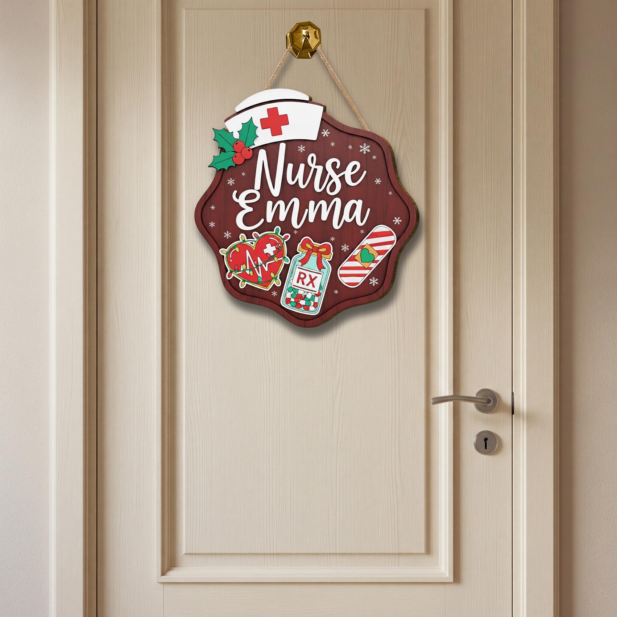 Personalized Wooden Nurse Sign: Christmas Holly Hat Decor image 2