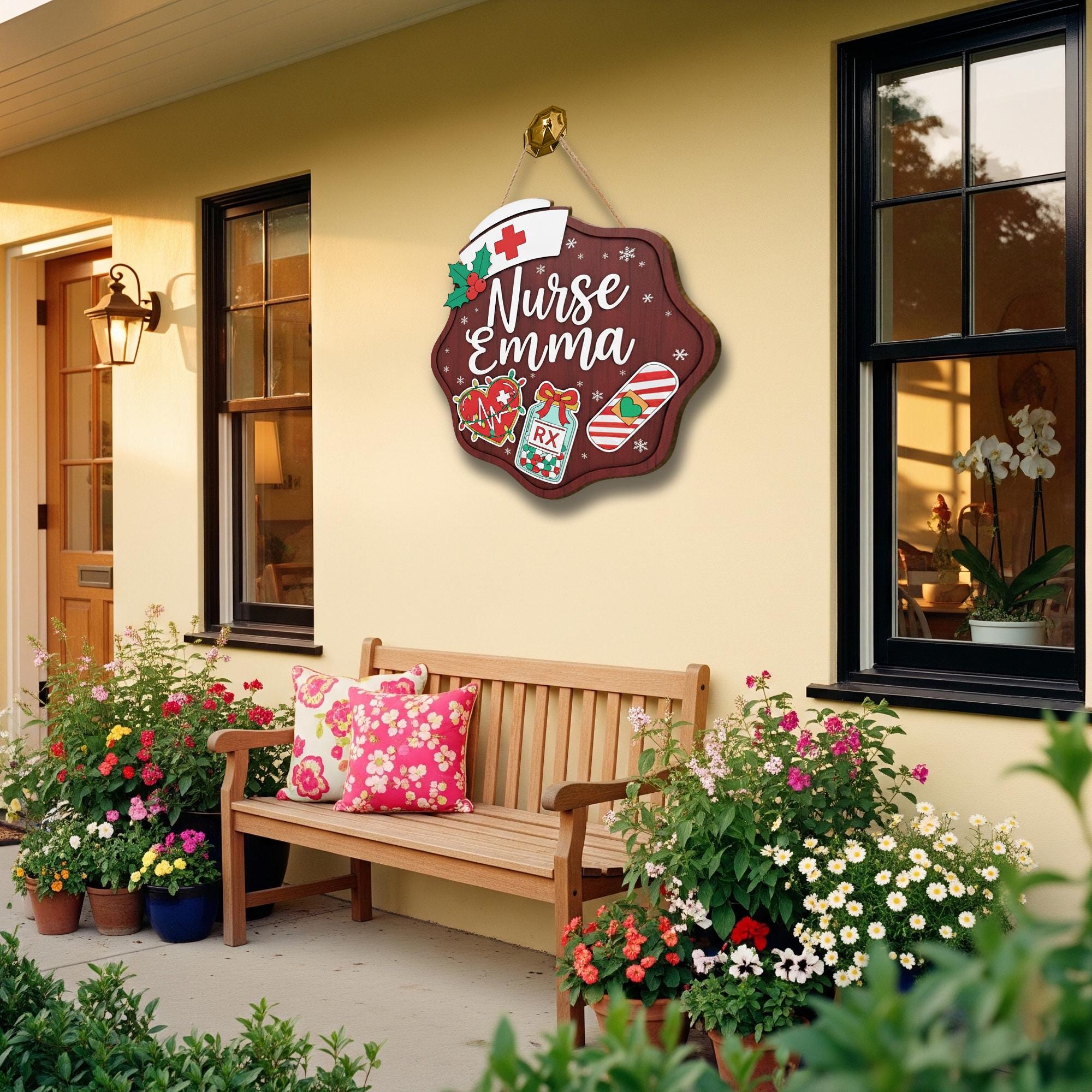 Personalized Wooden Nurse Sign: Christmas Holly Hat Decor image 5