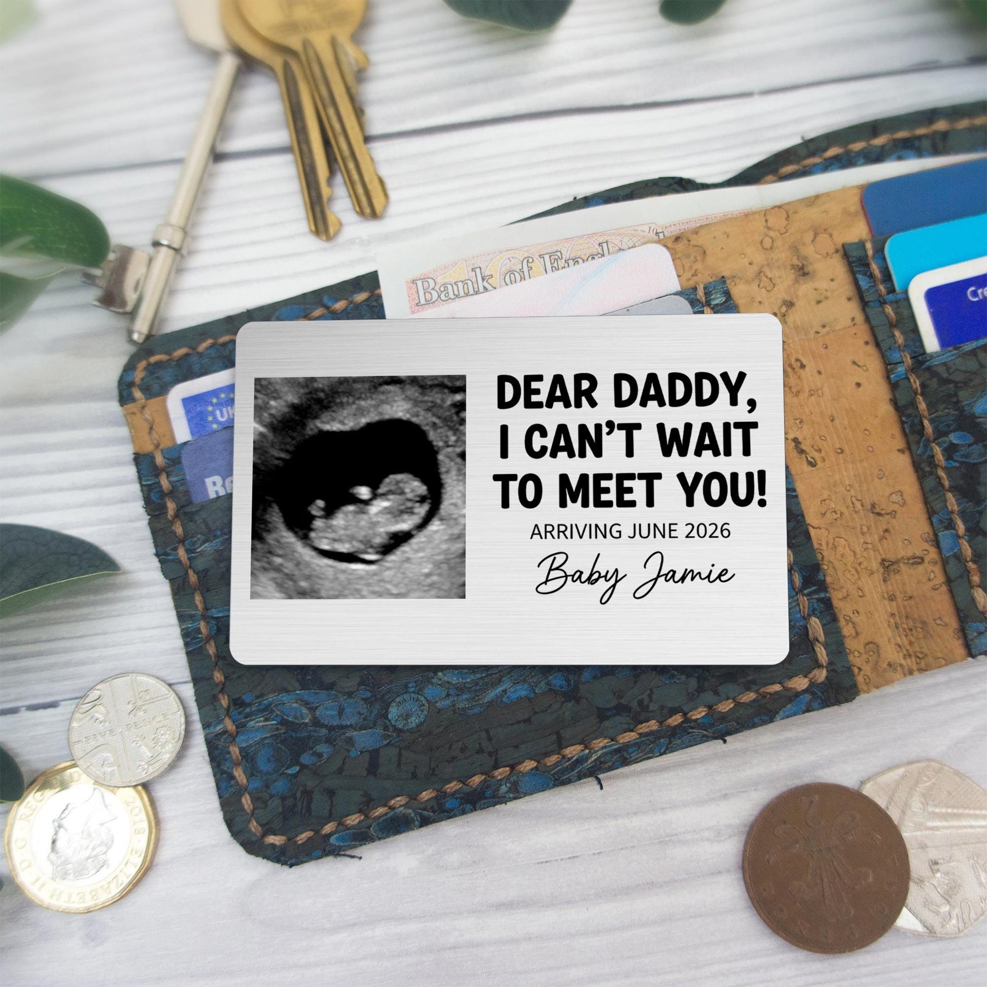 Ultrasound Photo Wallet Card - Personalized Pregnancy Announcement Keepsake Gift for Dad image 1