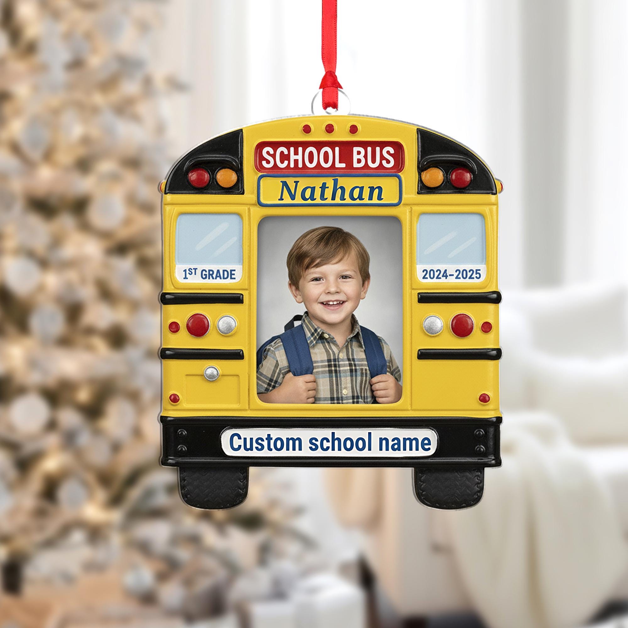 Personalised School Bus Photo Ornament – Custom Name and Year Tree Decoration image 1