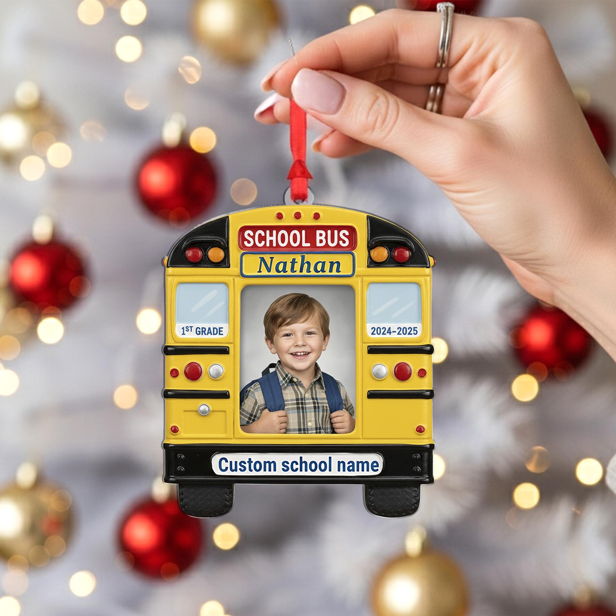 Personalised School Bus Photo Ornament – Custom Name and Year Tree Decoration image 2