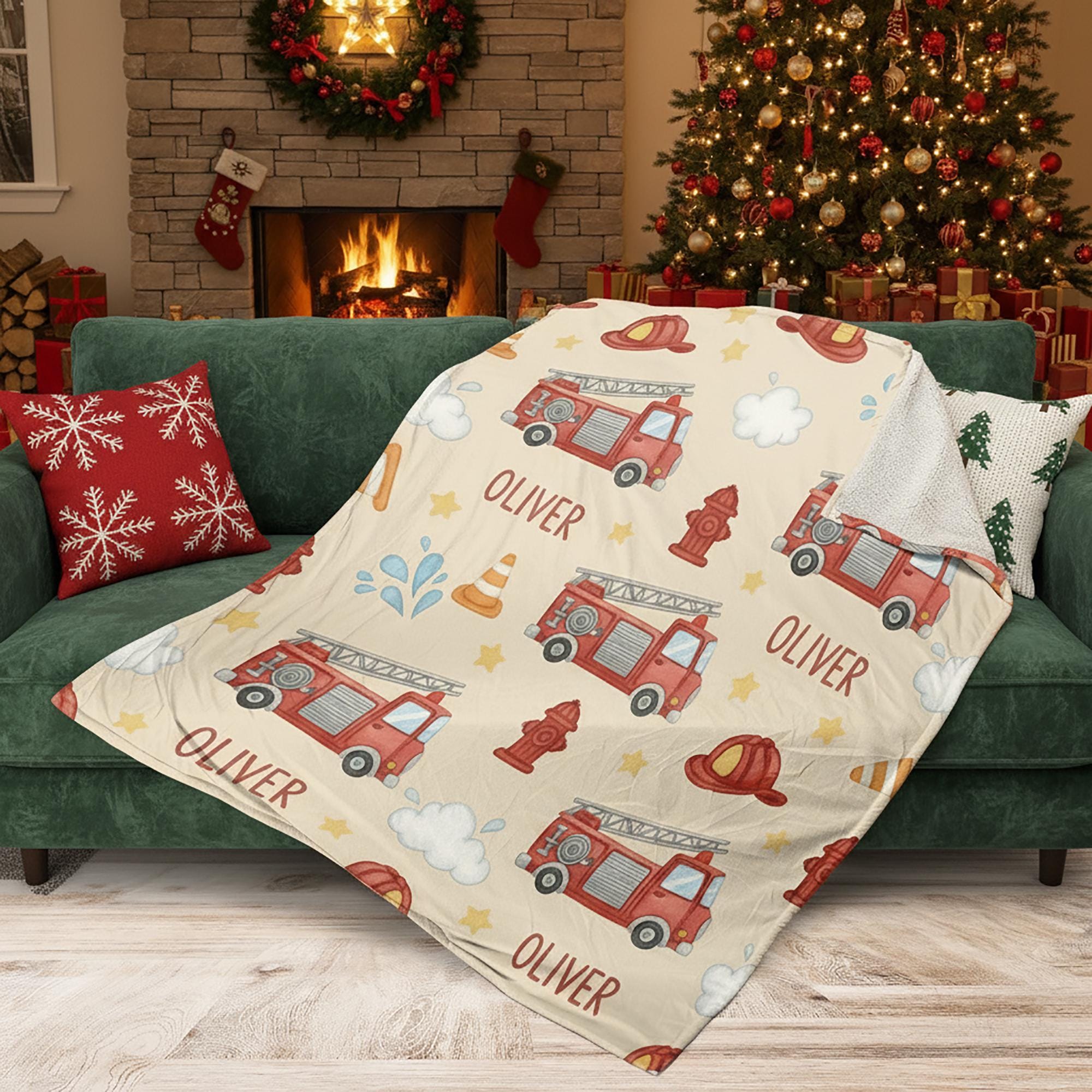 Personalised Fire-truck Print Blanket – Custom Name Baby Kid Throw image 2