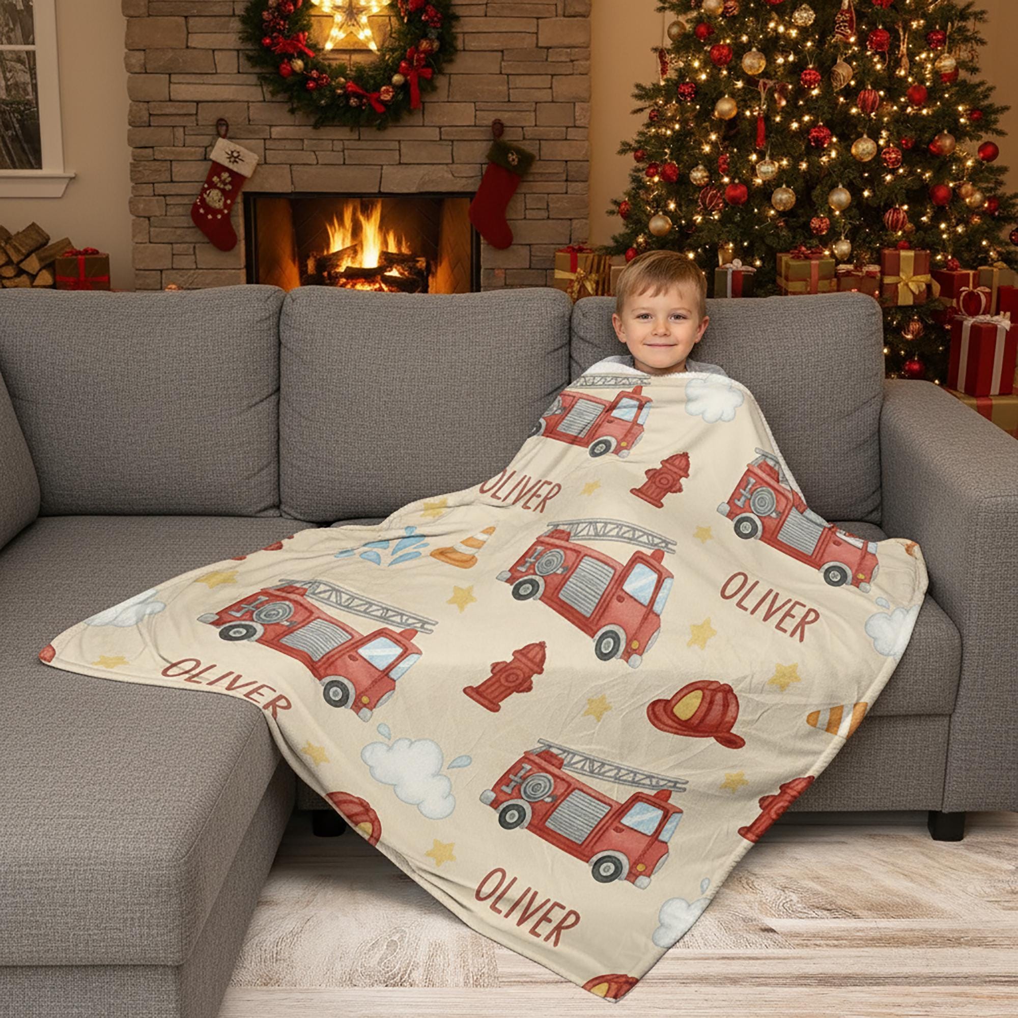 Personalised Fire-truck Print Blanket – Custom Name Baby Kid Throw image 1