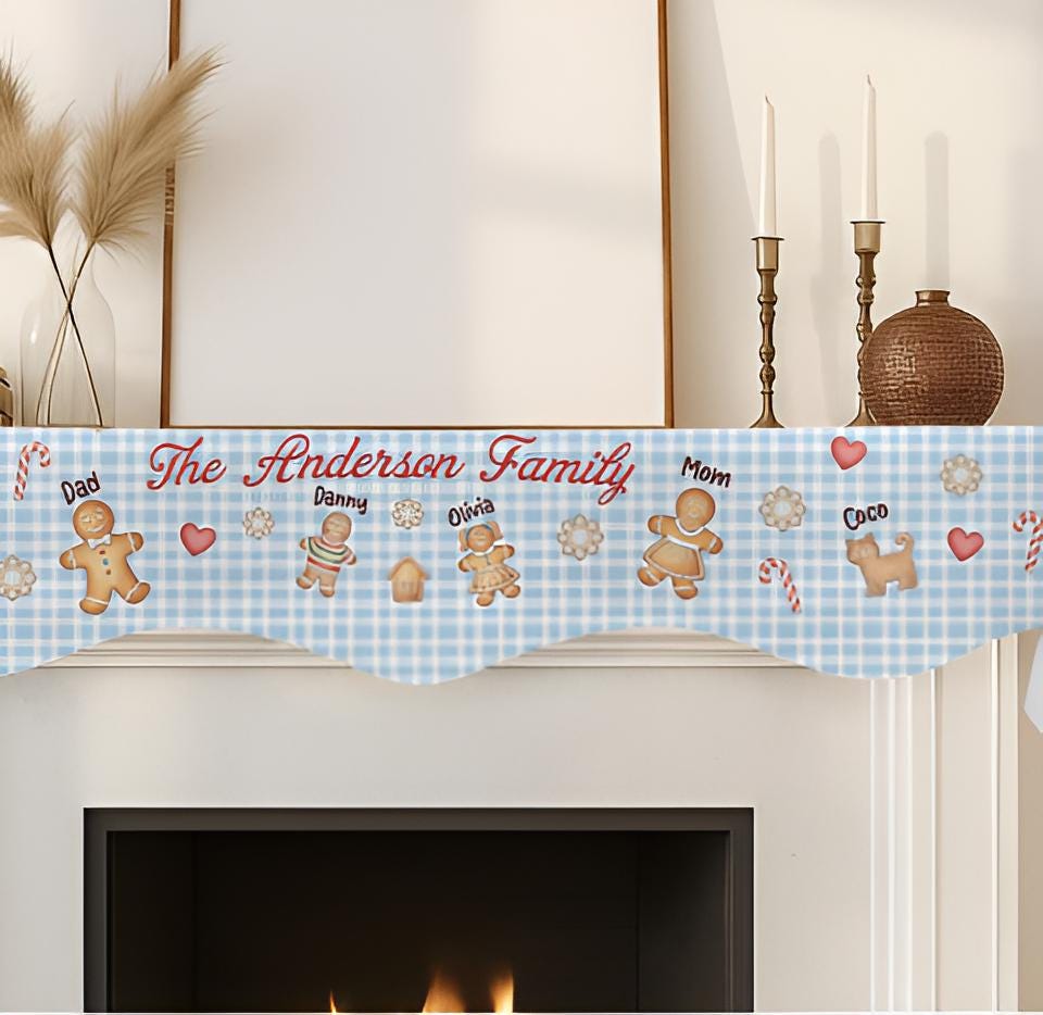Custom Christmas Gingerbread Family Fireplace Mantel Scarf: Personalized Holiday Decor image 10