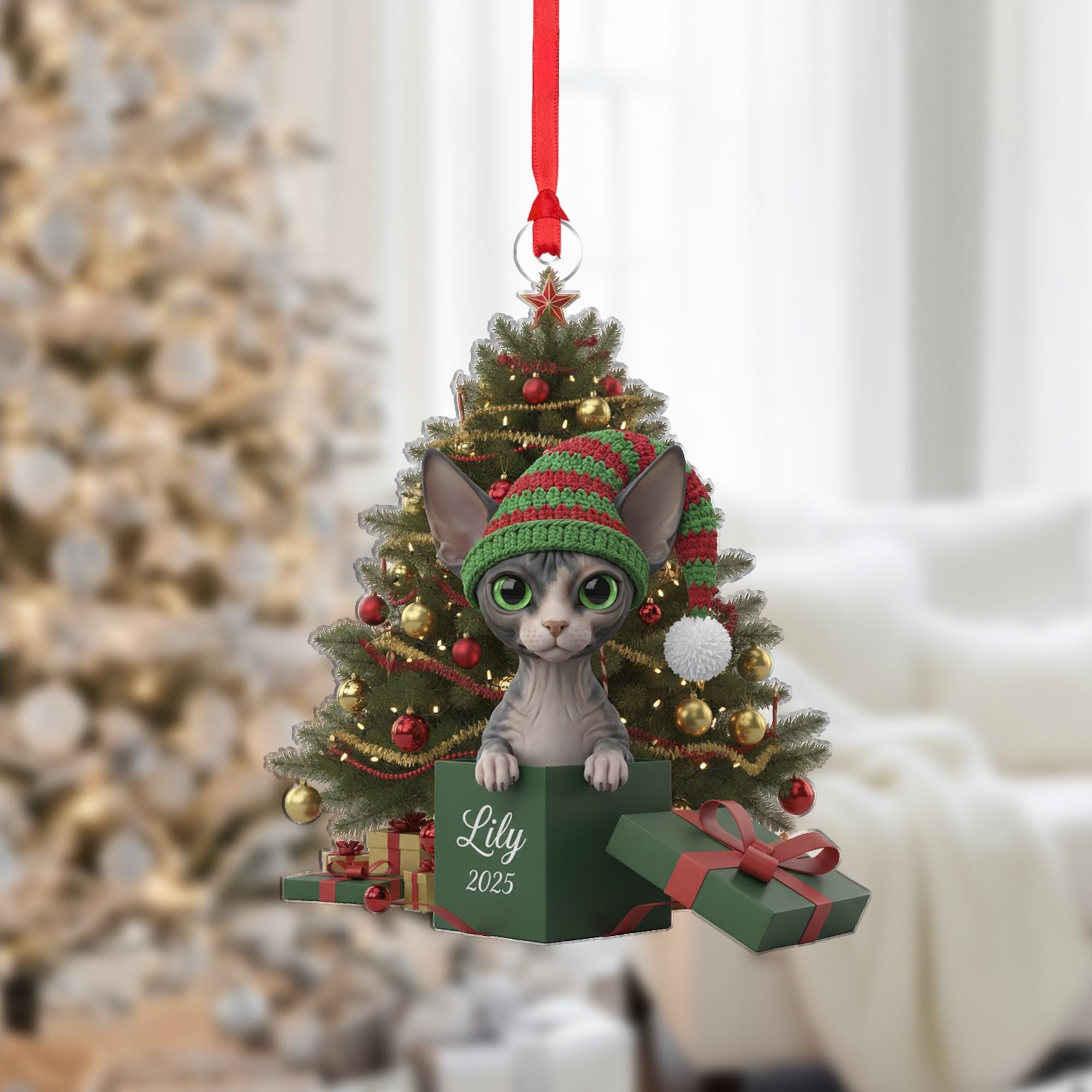 Personalized Sphynx Cat Christmas Ornament: Custom Name & Year image 1