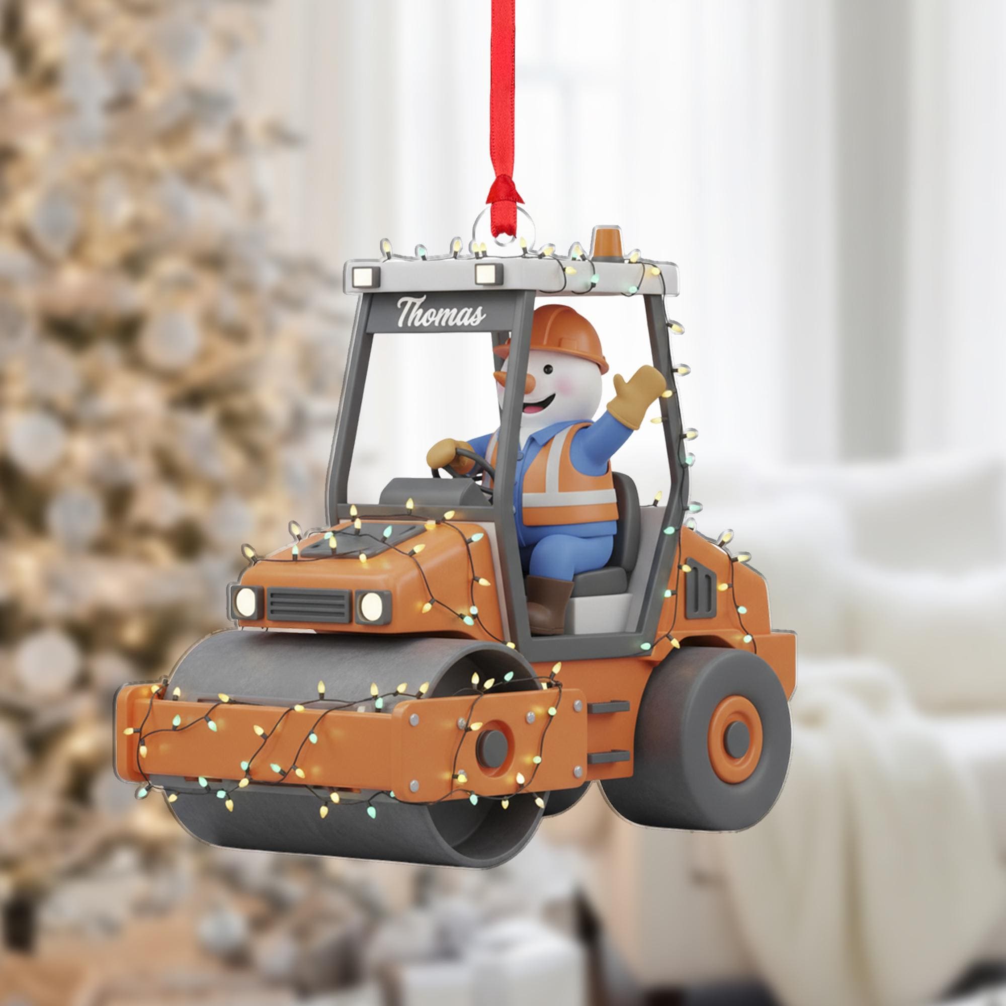 Personalized Road Roller Ornament: Custom Name, Snowman Driver, Construction Vehicle with Lights image 1