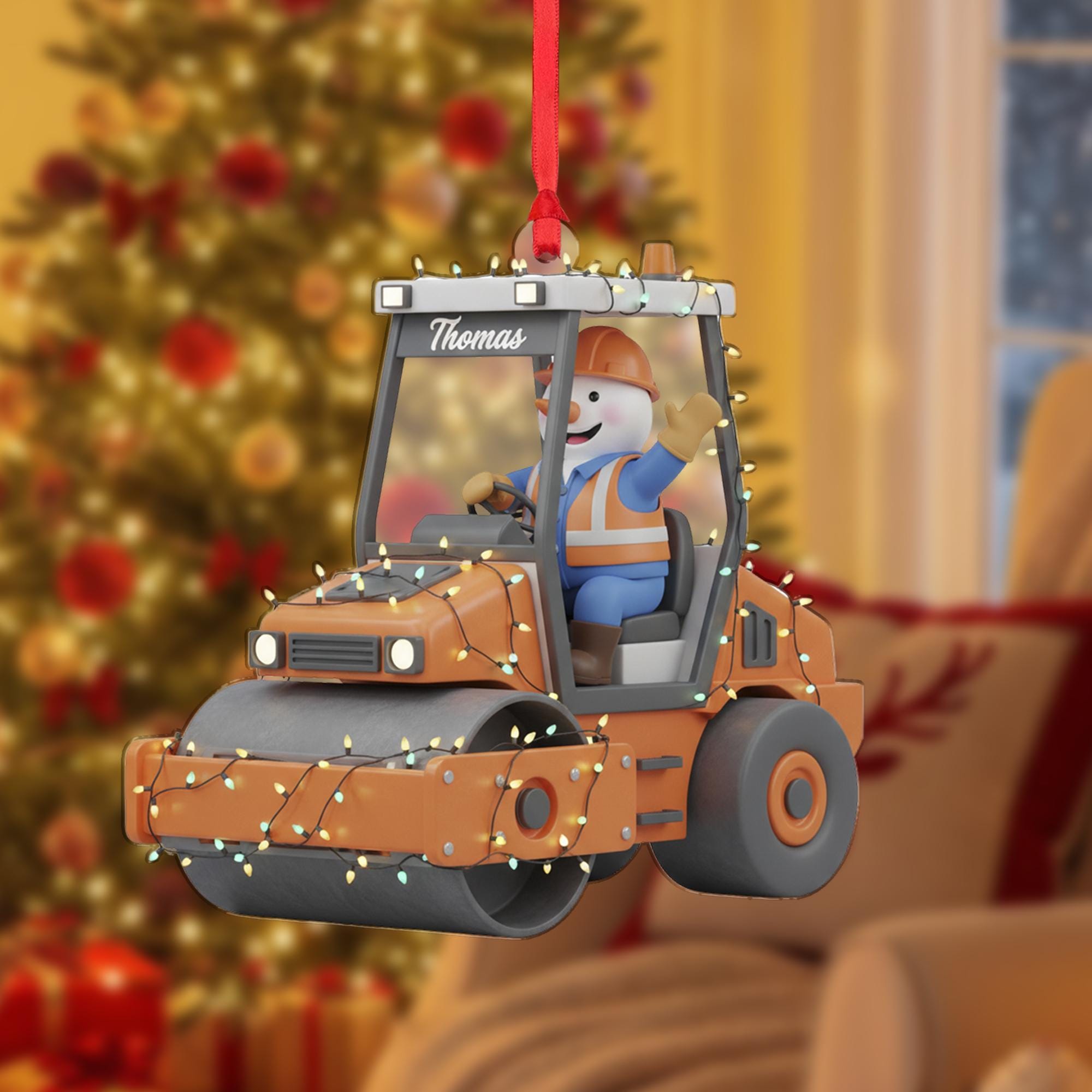 Personalized Road Roller Ornament: Custom Name, Snowman Driver, Construction Vehicle with Lights image 2