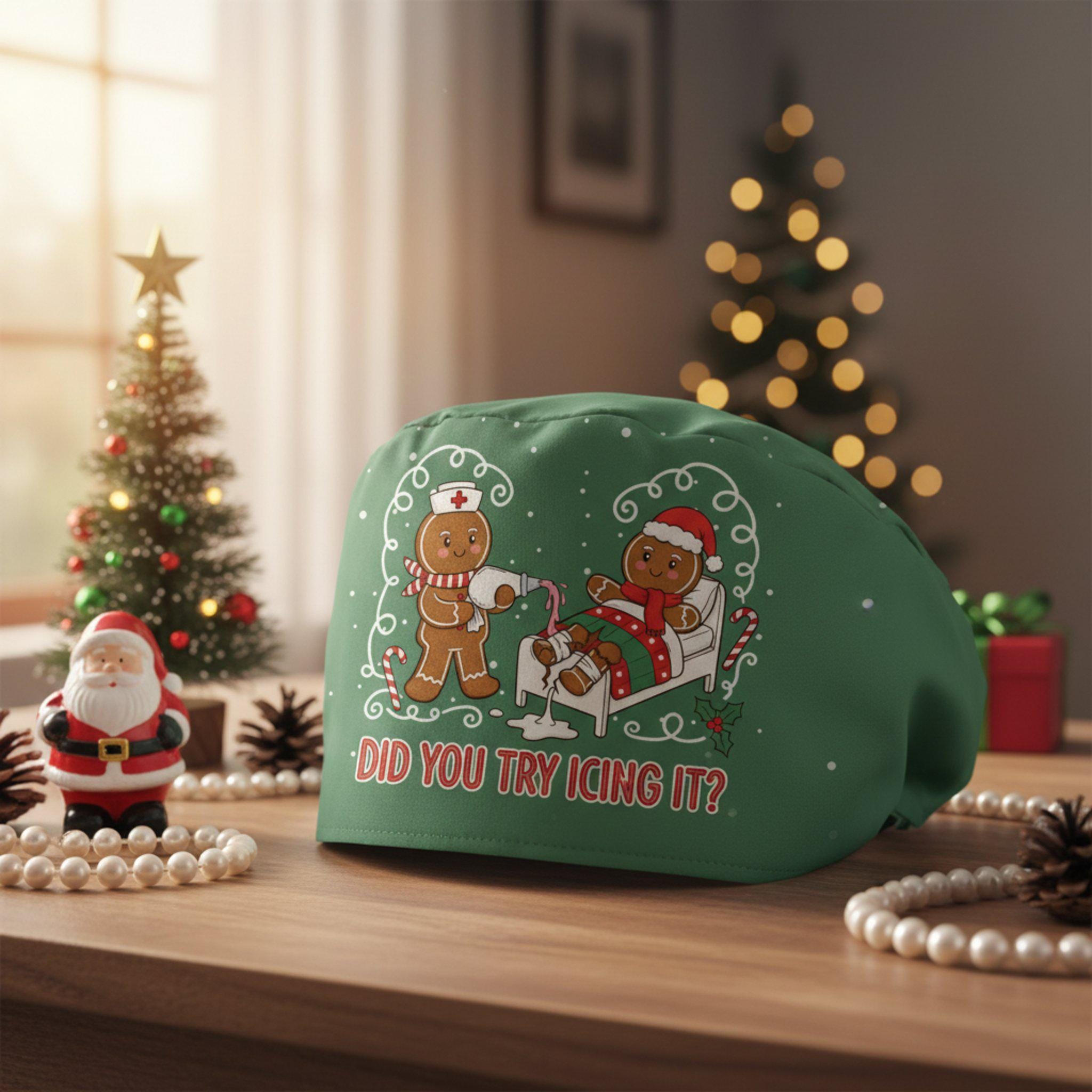 Scrub Cap Surgical Hat Green Gingerbread Icing Print: Funny Nurse Christmas Cap image 2