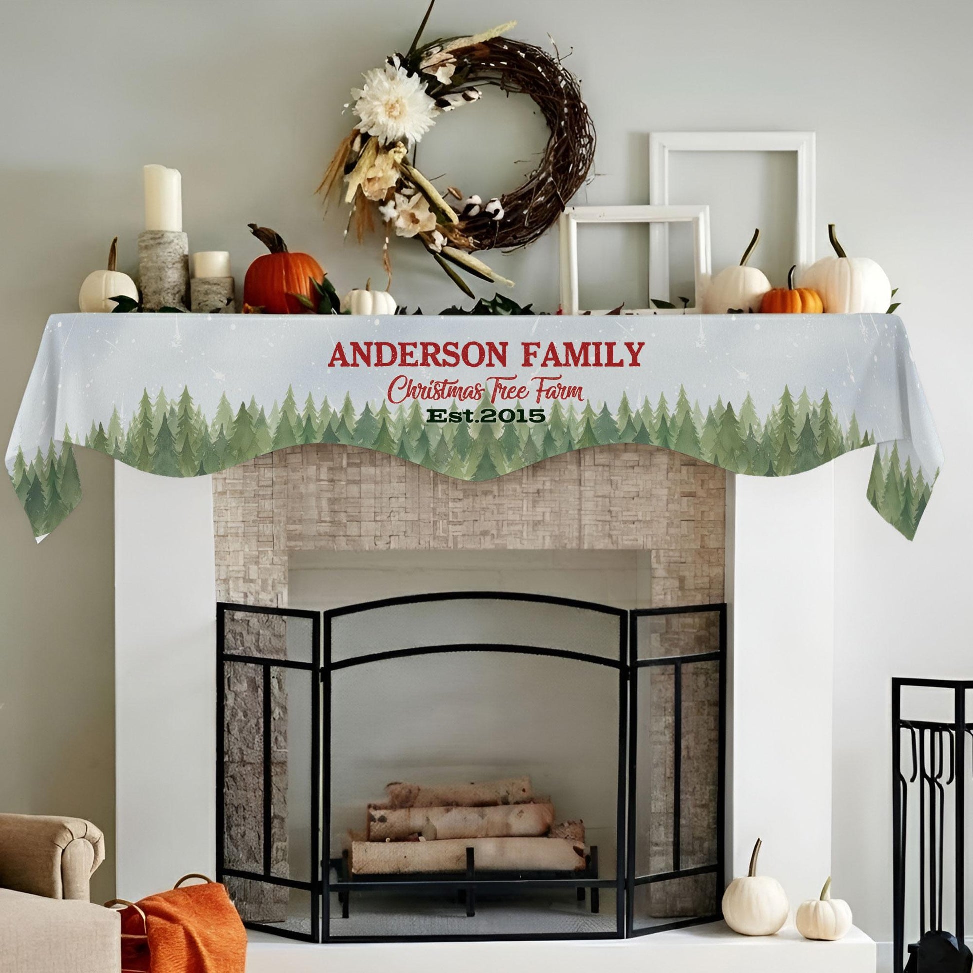 Custom Christmas Tree Farm Fresh Family Fireplace Mantel Scarf: Personalized Holiday Hearth Decor image 4