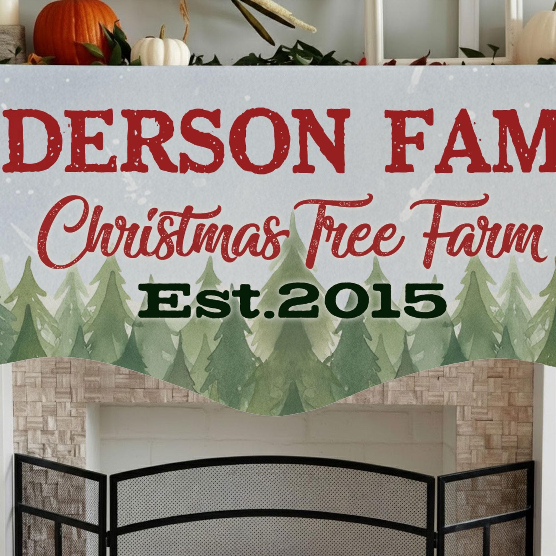 Custom Christmas Tree Farm Fresh Family Fireplace Mantel Scarf: Personalized Holiday Hearth Decor image 2